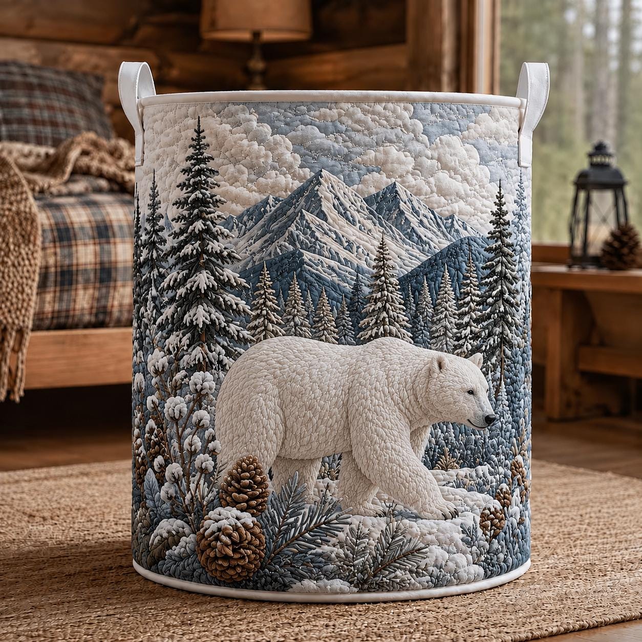 Bear Laundry Basket with Quilt Style for Wildlife Storage Hamper Mountain Forest Clothes Bin Cabin Lodge Decor and Bear Lover Gift