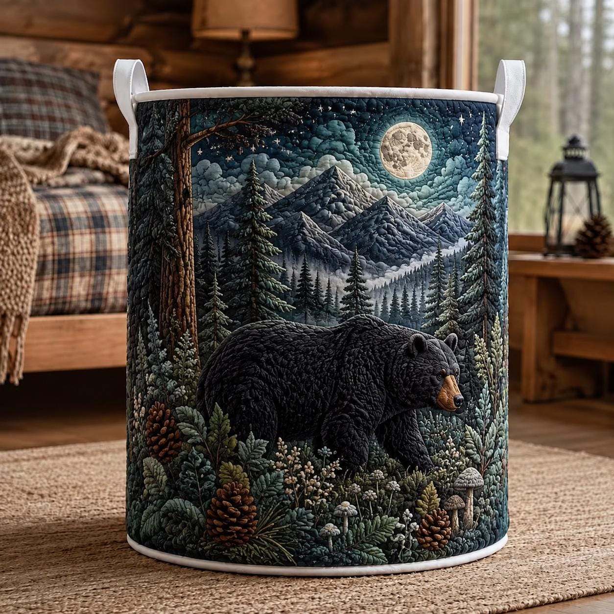 Bear Laundry Basket with Quilt Style for Wildlife Storage Hamper Mountain Forest Clothes Bin Cabin Lodge Decor and Bear Lover Gift - photo 2