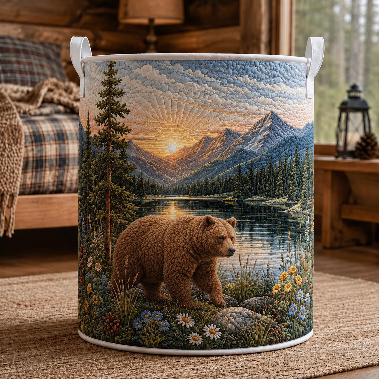 Bear Laundry Basket with Quilt Style for Wildlife Storage Hamper Mountain Forest Clothes Bin Cabin Lodge Decor and Bear Lover Gift - photo 5