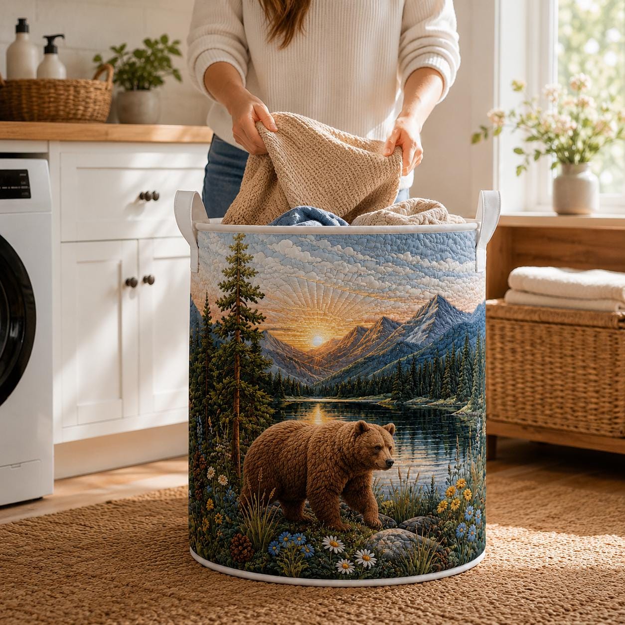 Bear Laundry Basket with Quilt Style for Wildlife Storage Hamper Mountain Forest Clothes Bin Cabin Lodge Decor and Bear Lover Gift - photo 6