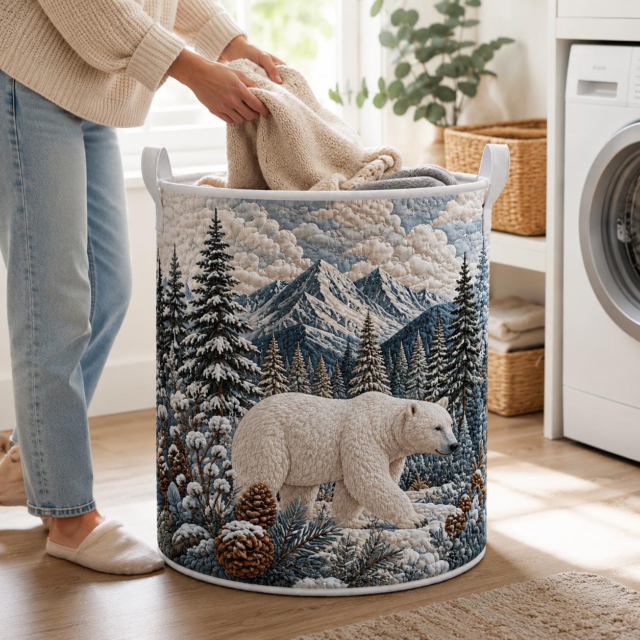 Bear Laundry Basket with Quilt Style for Wildlife Storage Hamper Mountain Forest Clothes Bin Cabin Lodge Decor and Bear Lover Gift - photo 7
