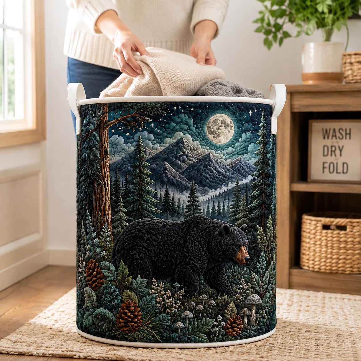 Bear Laundry Basket with Quilt Style for Wildlife Storage Hamper Mountain Forest Clothes Bin Cabin Lodge Decor and Bear Lover Gift - photo 8