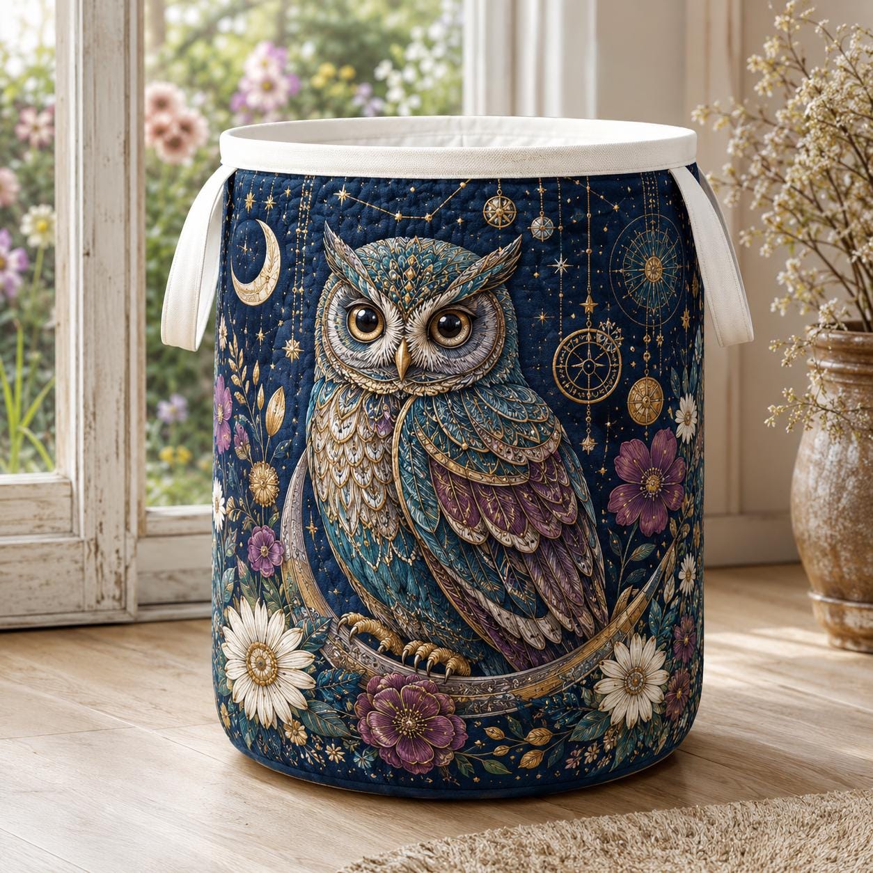 Owl Laundry Basket with Quilt Style for Floral Storage Hamper Folk Art Owl Clothes Bin Boho Bedroom Decor and Owl Lover Gift