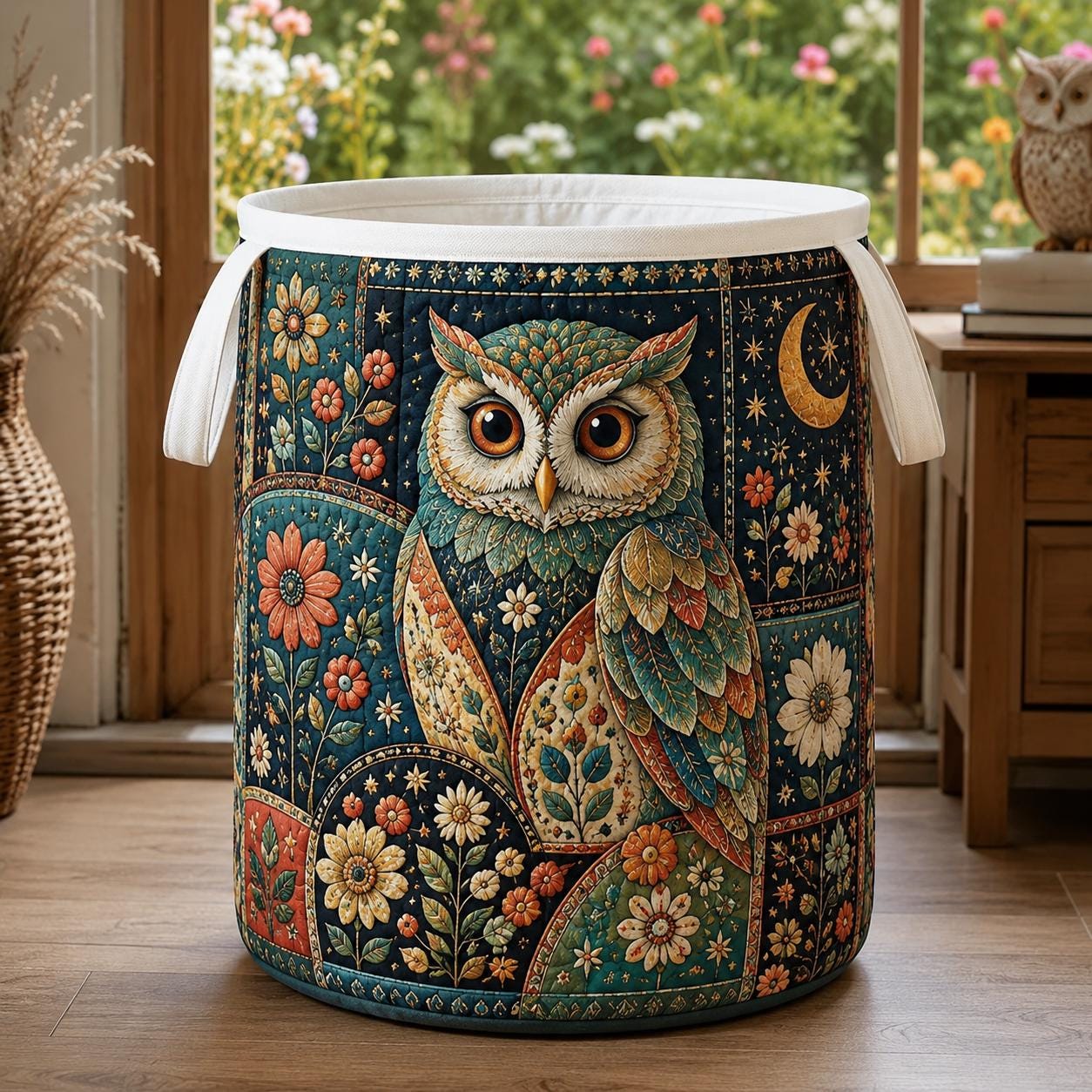 Owl Laundry Basket with Quilt Style for Floral Storage Hamper Folk Art Owl Clothes Bin Boho Bedroom Decor and Owl Lover Gift - photo 2