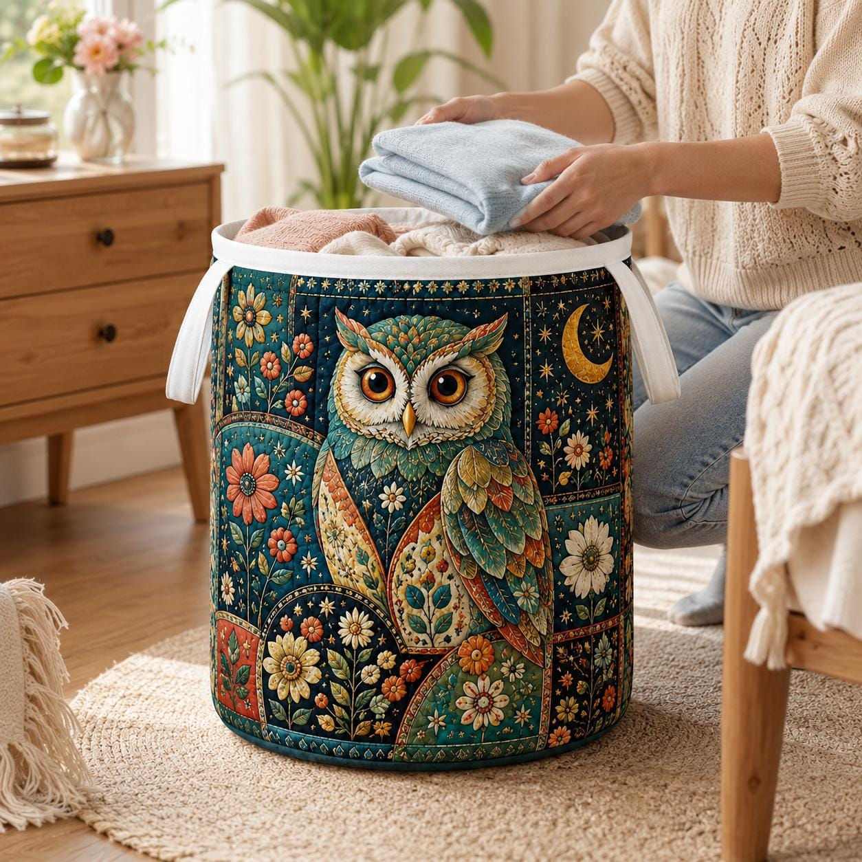 Owl Laundry Basket with Quilt Style for Floral Storage Hamper Folk Art Owl Clothes Bin Boho Bedroom Decor and Owl Lover Gift - photo 5