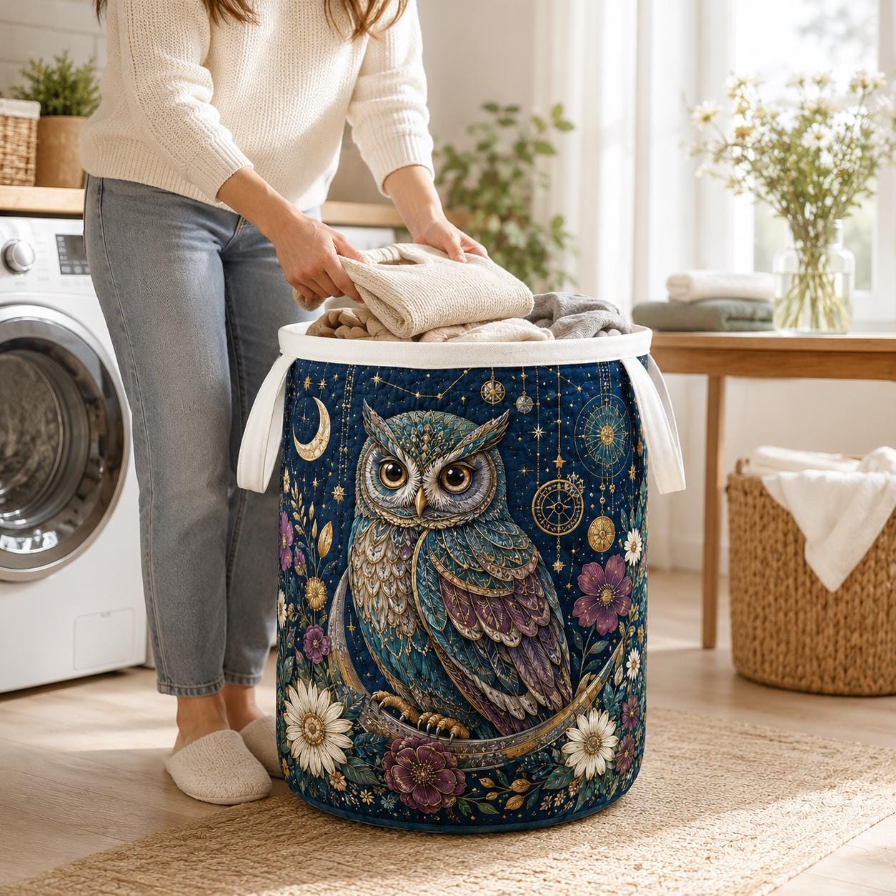 Owl Laundry Basket with Quilt Style for Floral Storage Hamper Folk Art Owl Clothes Bin Boho Bedroom Decor and Owl Lover Gift - photo 6