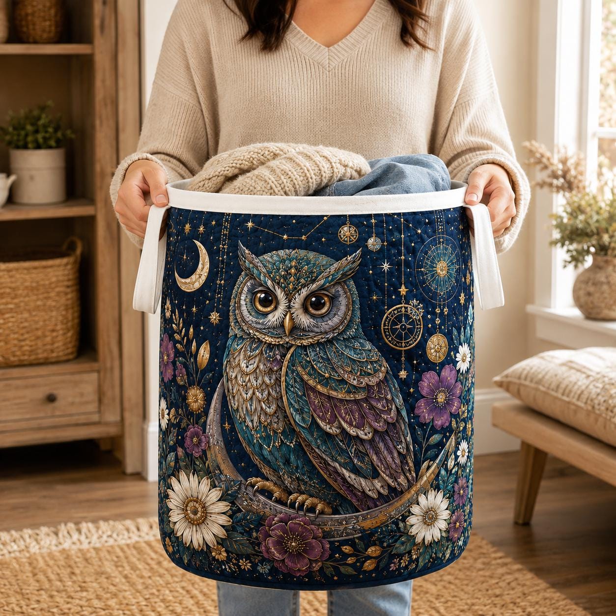 Owl Laundry Basket with Quilt Style for Floral Storage Hamper Folk Art Owl Clothes Bin Boho Bedroom Decor and Owl Lover Gift - photo 7
