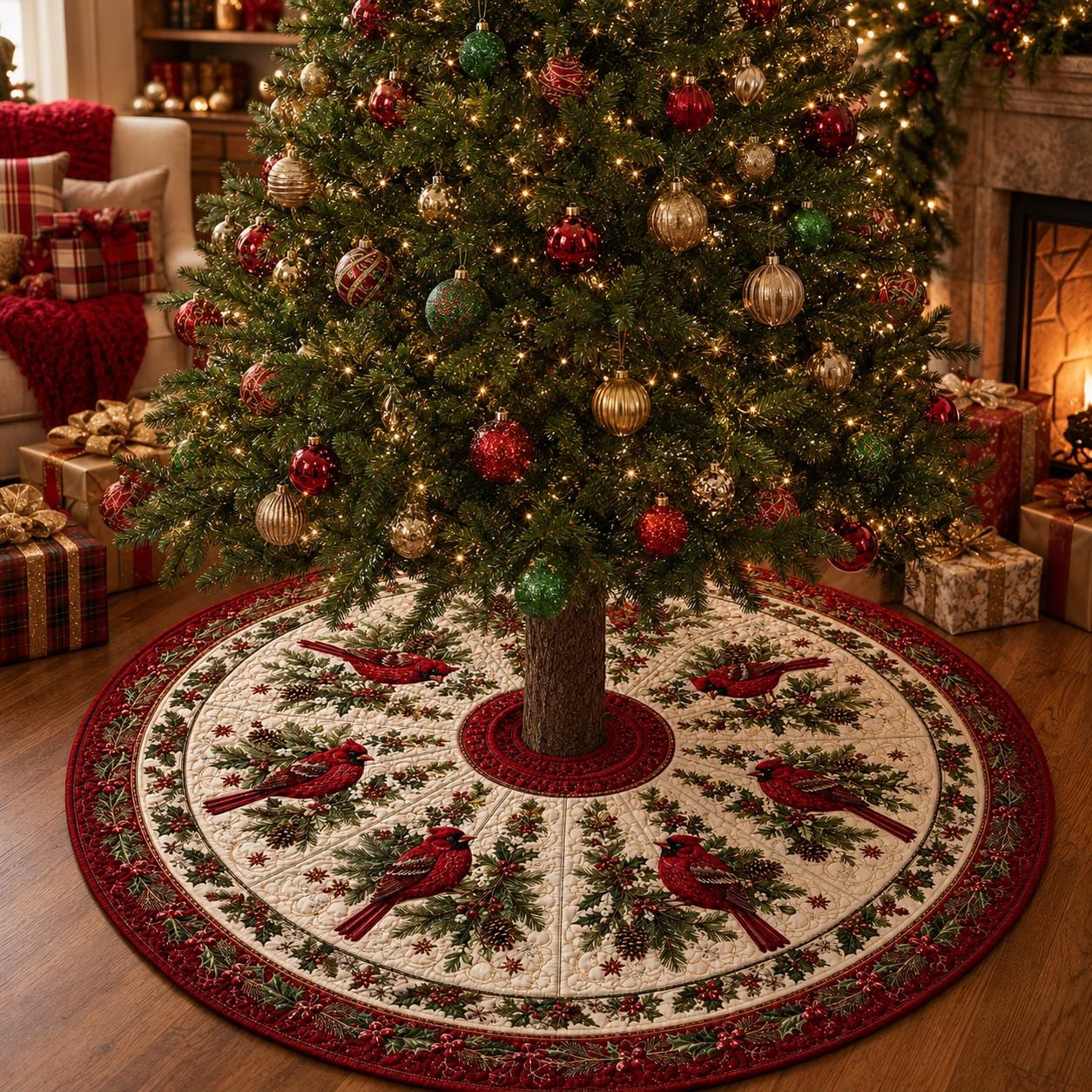 Quilted Style Red Cardinal Christmas Tree Skirt, Winter Bird Farmhouse Holiday Tree Mat and Decor