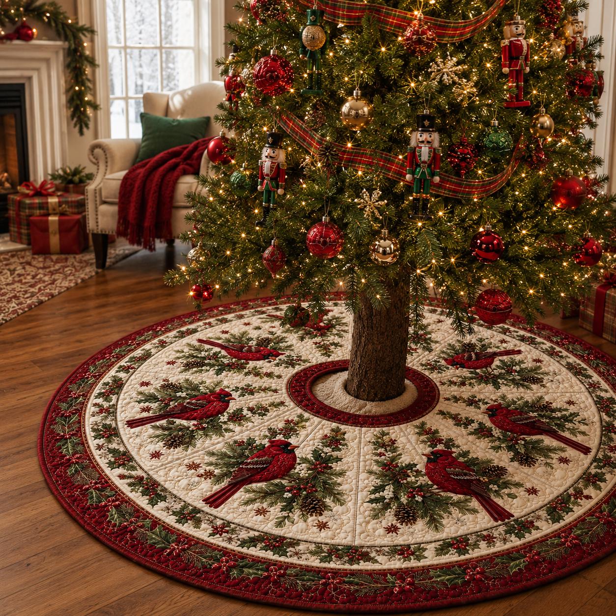 Quilted Style Red Cardinal Christmas Tree Skirt, Winter Bird Farmhouse Holiday Tree Mat and Decor - photo 2