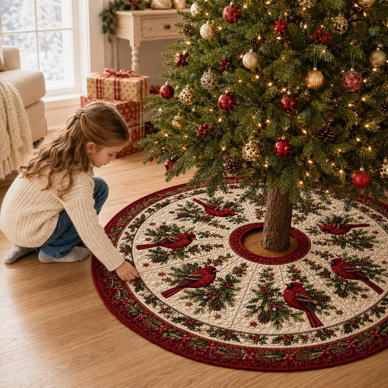Quilted Style Red Cardinal Christmas Tree Skirt, Winter Bird Farmhouse Holiday Tree Mat and Decor - photo 3