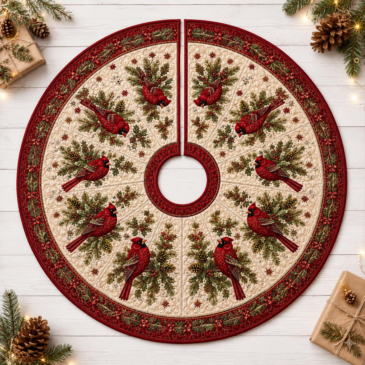Quilted Style Red Cardinal Christmas Tree Skirt, Winter Bird Farmhouse Holiday Tree Mat and Decor - photo 4