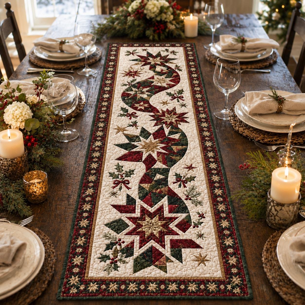 Christmas Star Table Runner with Quilt Style for Patchwork Holiday Runner Farmhouse Table Decor and Winter Dining Centerpiece