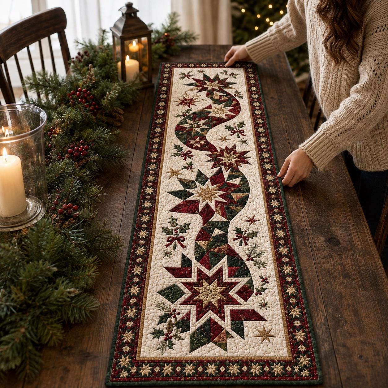 Christmas Star Table Runner with Quilt Style for Patchwork Holiday Runner Farmhouse Table Decor and Winter Dining Centerpiece - photo 4