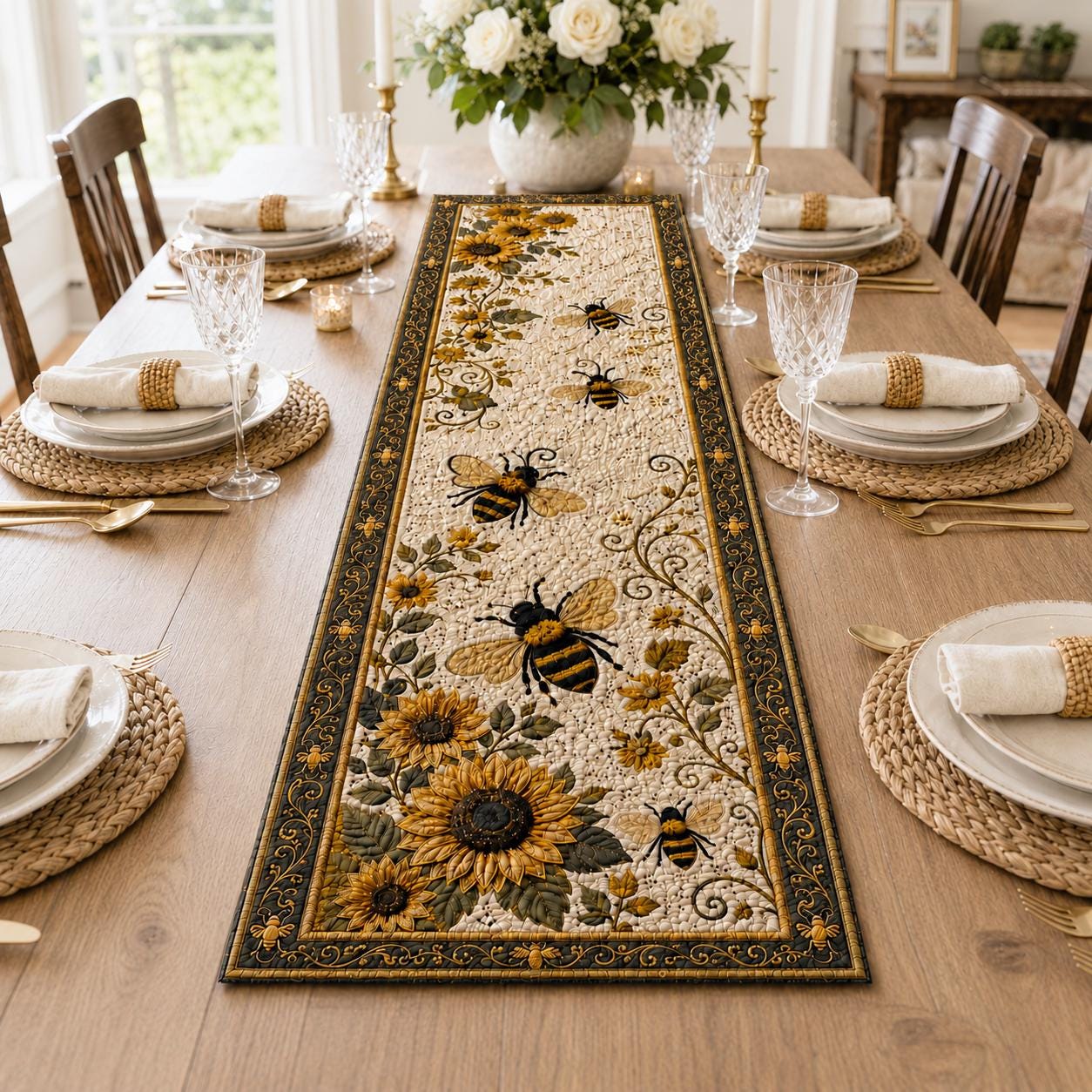 Bee Sunflower Table Runner for Floral Table Decor with Quilt Style Bee Farmhouse Runner and Summer Kitchen Dining Centerpiece