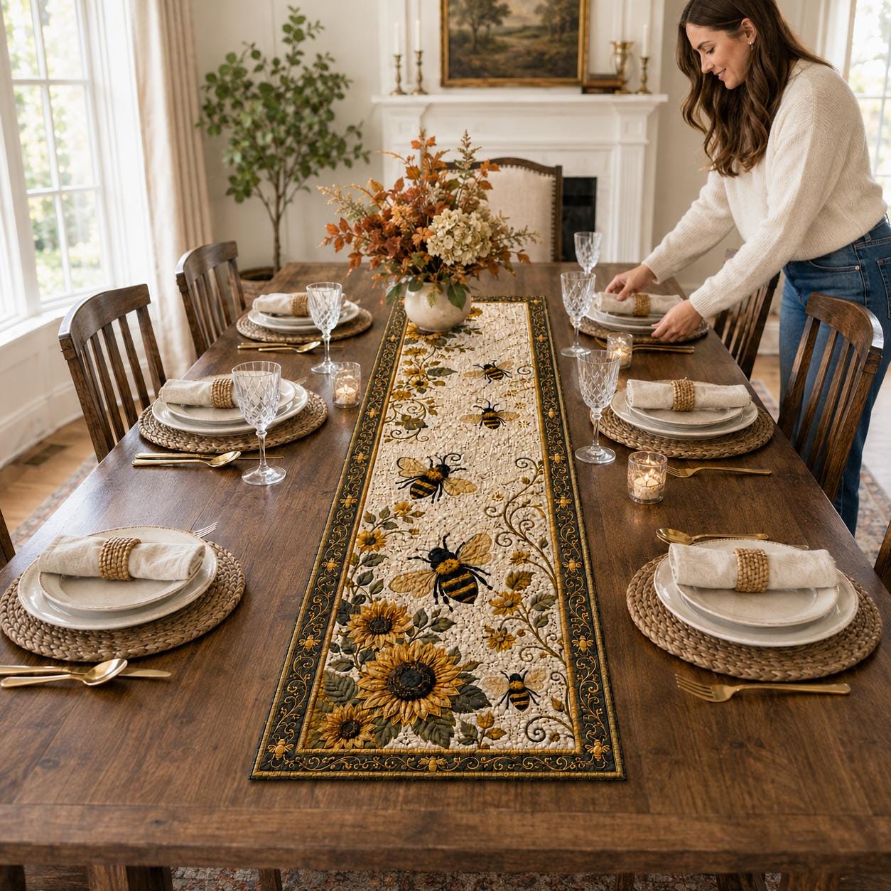 Bee Sunflower Table Runner for Floral Table Decor with Quilt Style Bee Farmhouse Runner and Summer Kitchen Dining Centerpiece - photo 3