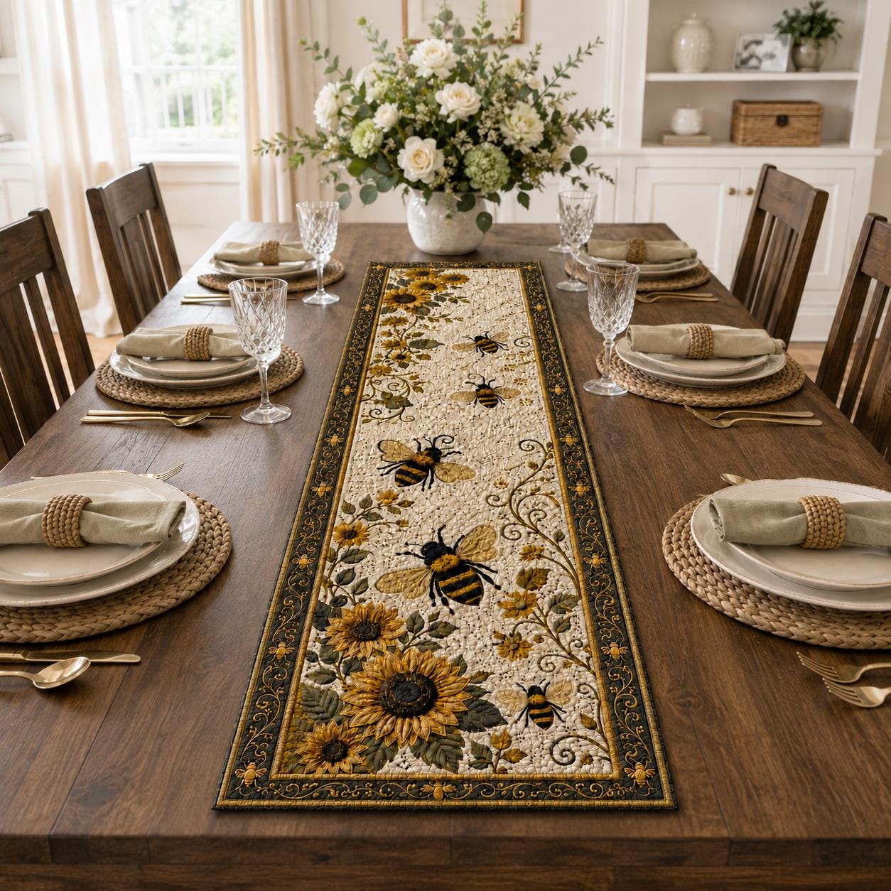 Bee Sunflower Table Runner for Floral Table Decor with Quilt Style Bee Farmhouse Runner and Summer Kitchen Dining Centerpiece - photo 4