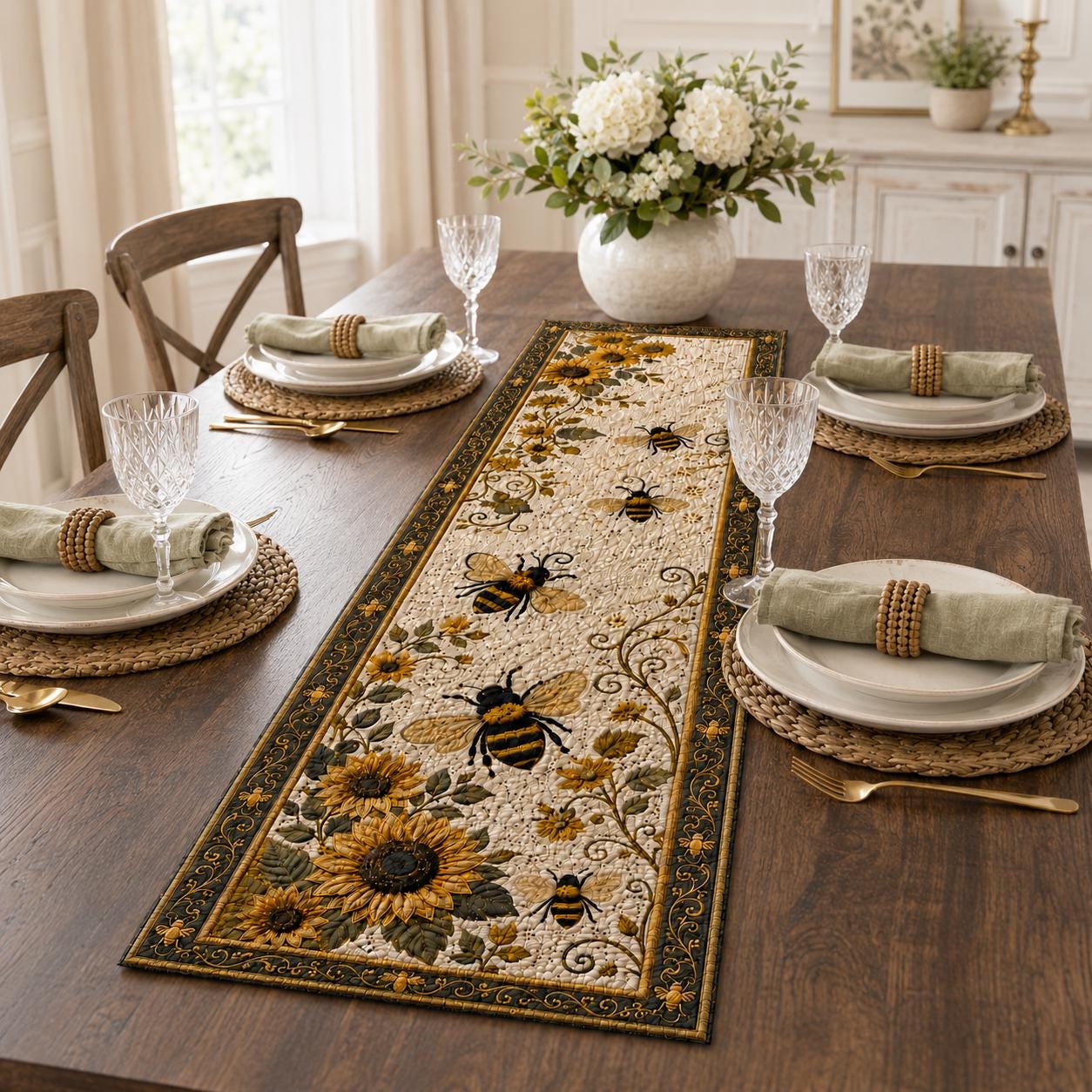 Bee Sunflower Table Runner for Floral Table Decor with Quilt Style Bee Farmhouse Runner and Summer Kitchen Dining Centerpiece - photo 5