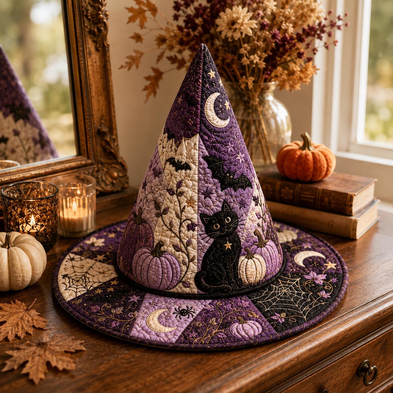 Purple Black Cat Witch Hat Halloween Tabletop Decor with Moon, Pumpkin and Spider Web, Quilted Style Witchy Home Decoration