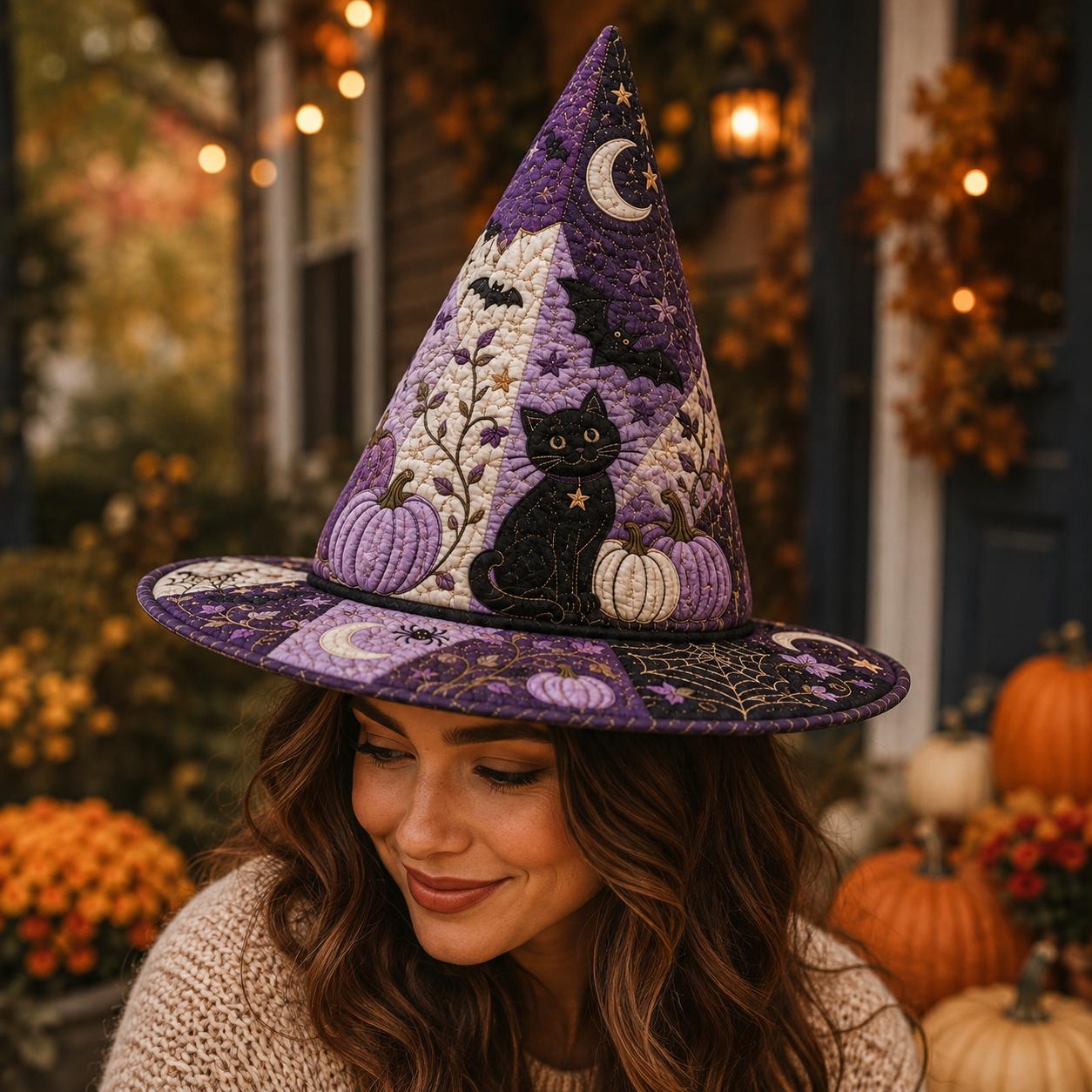 Purple Black Cat Witch Hat Halloween Tabletop Decor with Moon, Pumpkin and Spider Web, Quilted Style Witchy Home Decoration - photo 2