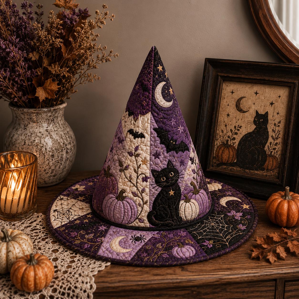 Purple Black Cat Witch Hat Halloween Tabletop Decor with Moon, Pumpkin and Spider Web, Quilted Style Witchy Home Decoration - photo 4