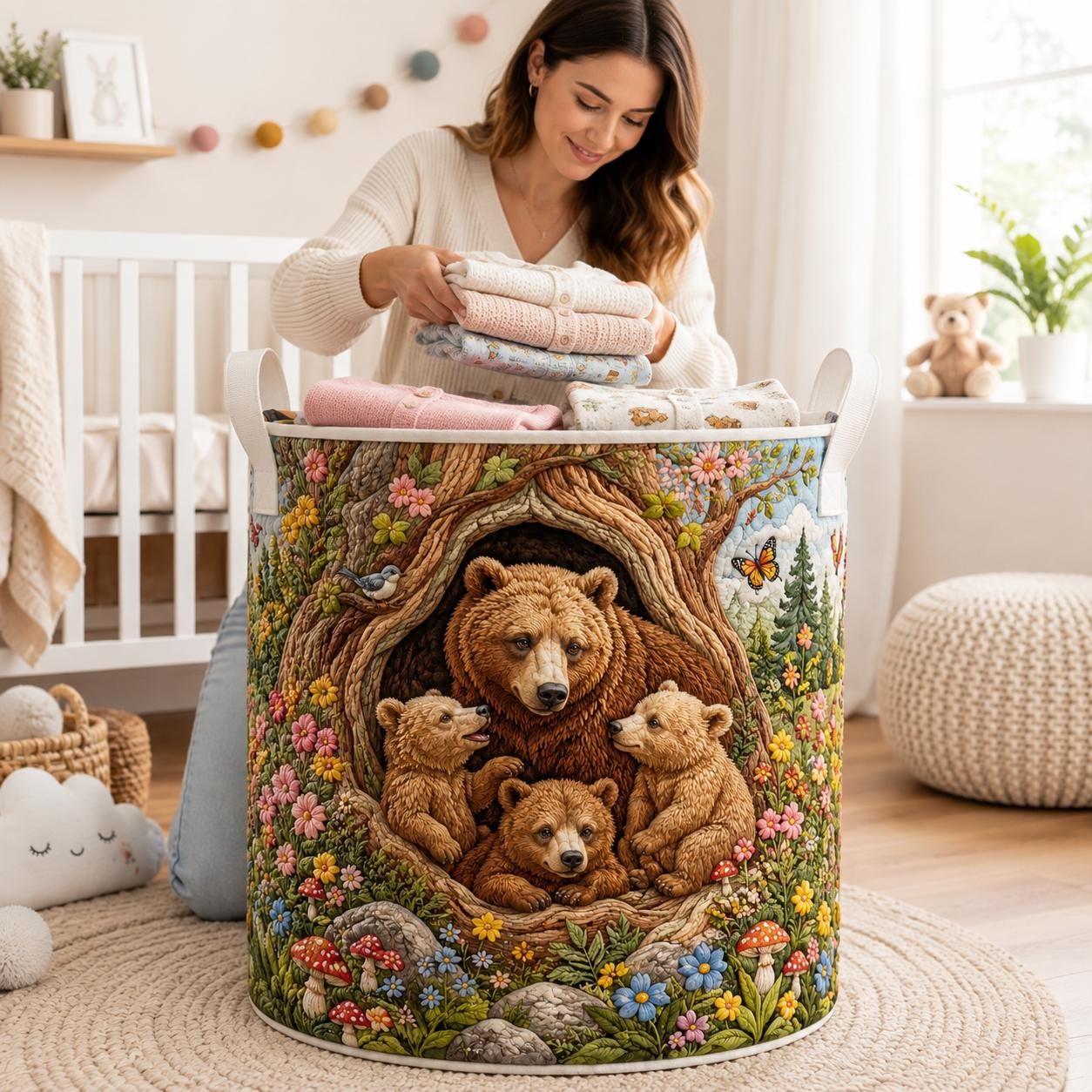 Bear Family Laundry Basket with Quilted Style for Woodland Forest Storage Bin and Housewarming Gifts