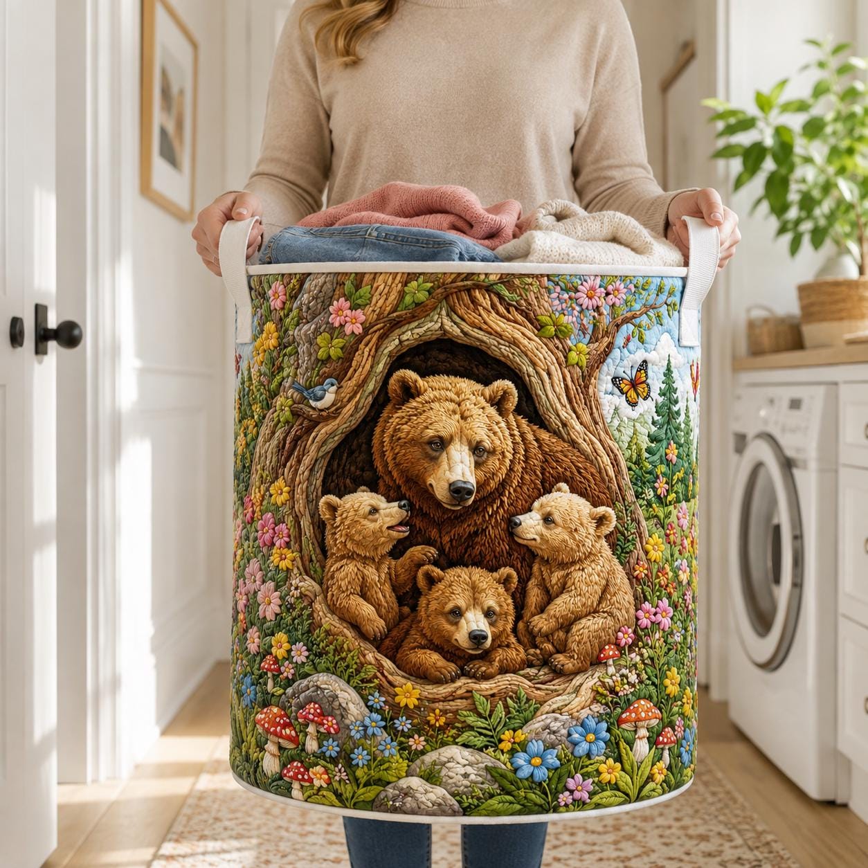 Bear Family Laundry Basket with Quilted Style for Woodland Forest Storage Bin and Housewarming Gifts - photo 2