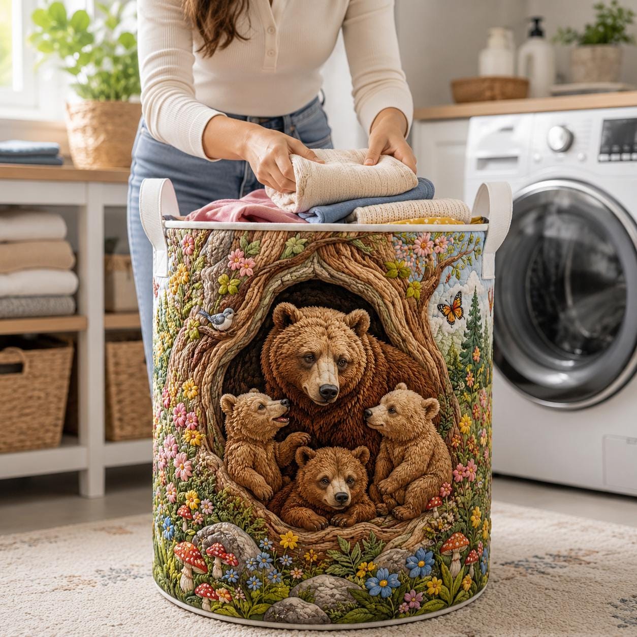 Bear Family Laundry Basket with Quilted Style for Woodland Forest Storage Bin and Housewarming Gifts - photo 4