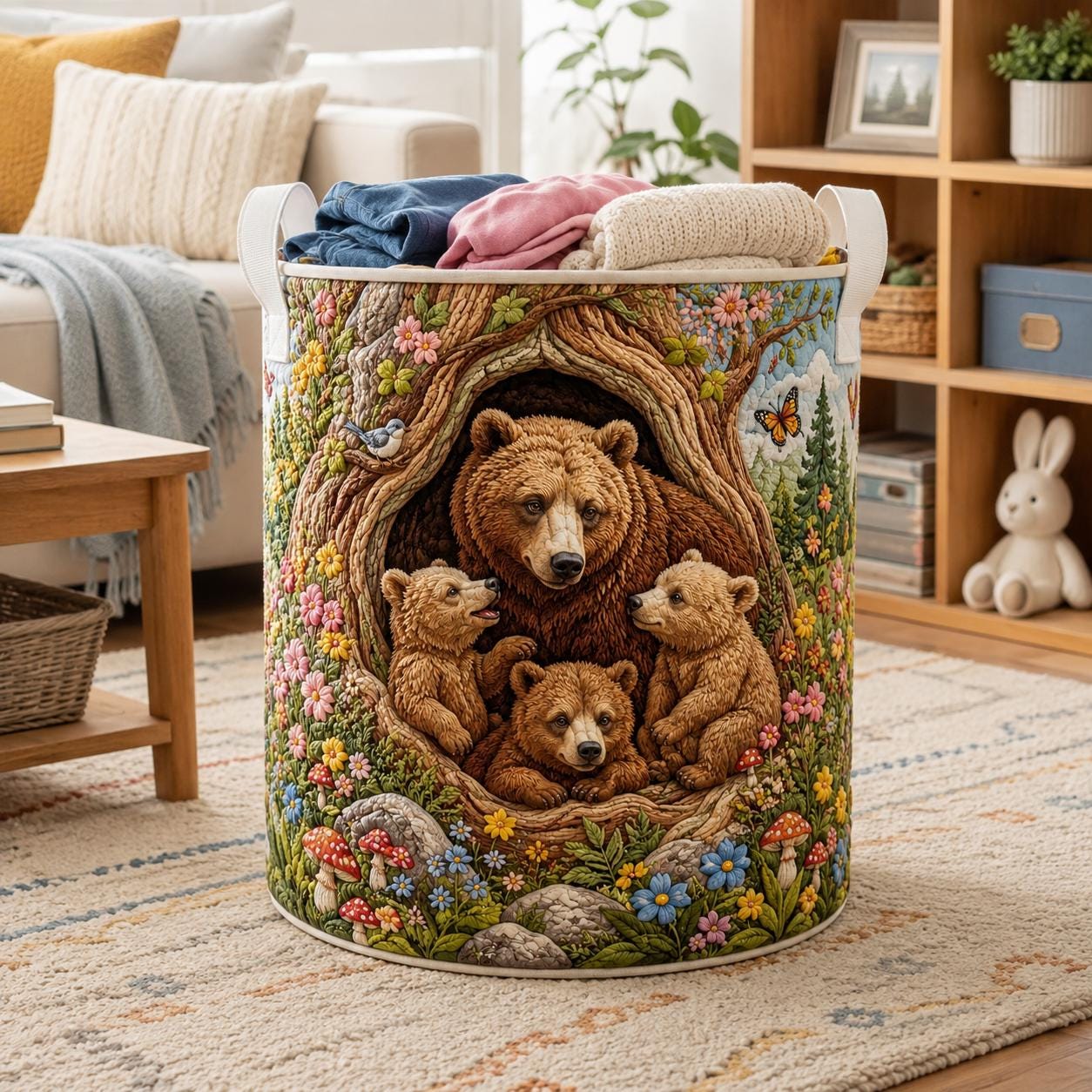 Bear Family Laundry Basket with Quilted Style for Woodland Forest Storage Bin and Housewarming Gifts - photo 5