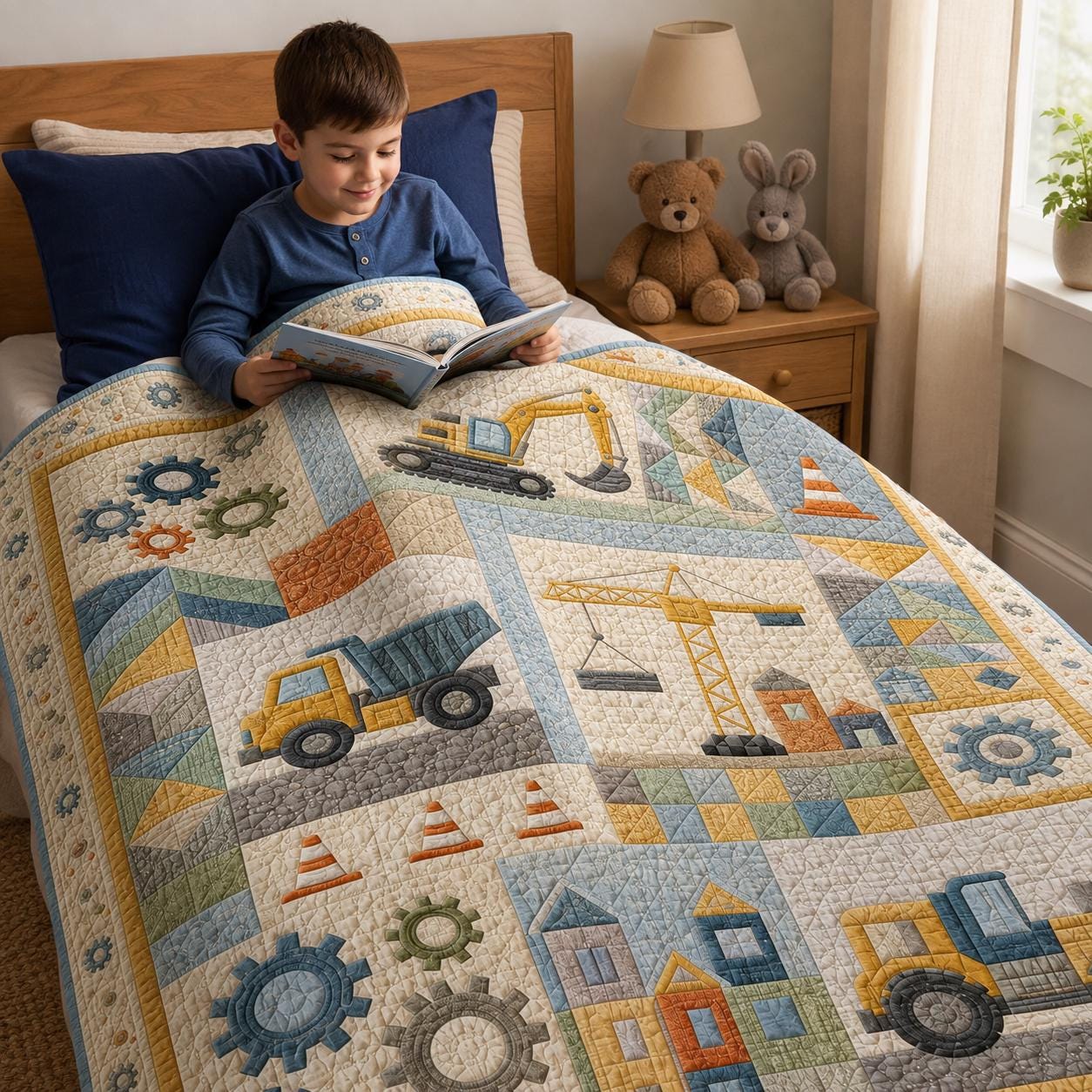 Construction Truck Blanket with Quilted Style for Boys Excavator Dump Truck Kids Bedding Nursery Decor and Toddler Birthday Gift