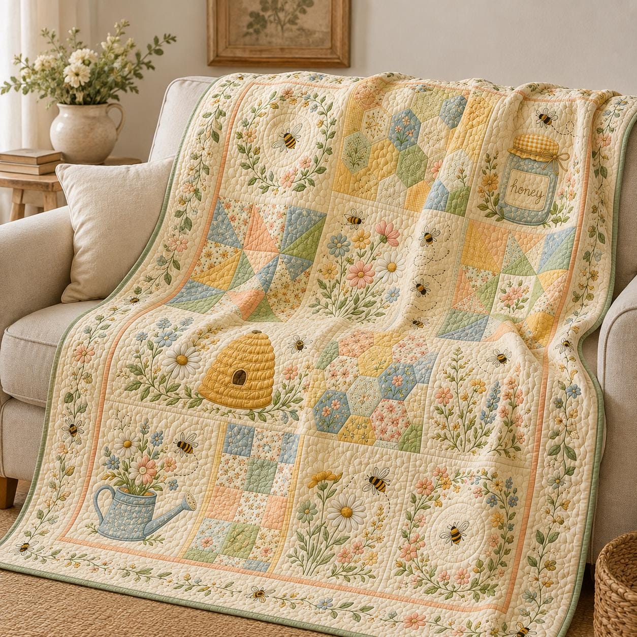 Bee Floral Blanket with Honey Bee Garden Throw and Wildflower Cottagecore Bedroom Decor, Beekeeper Gift for Her, Honeybee Home Decor, Quilted Style