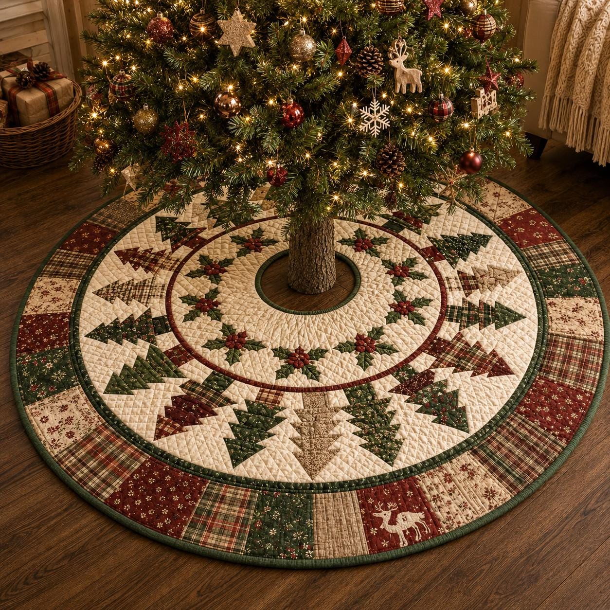 Patchwork Quilt Style Pine Tree Christmas Tree Skirt, Rustic Red and Green Farmhouse Holiday Tree Mat Decor