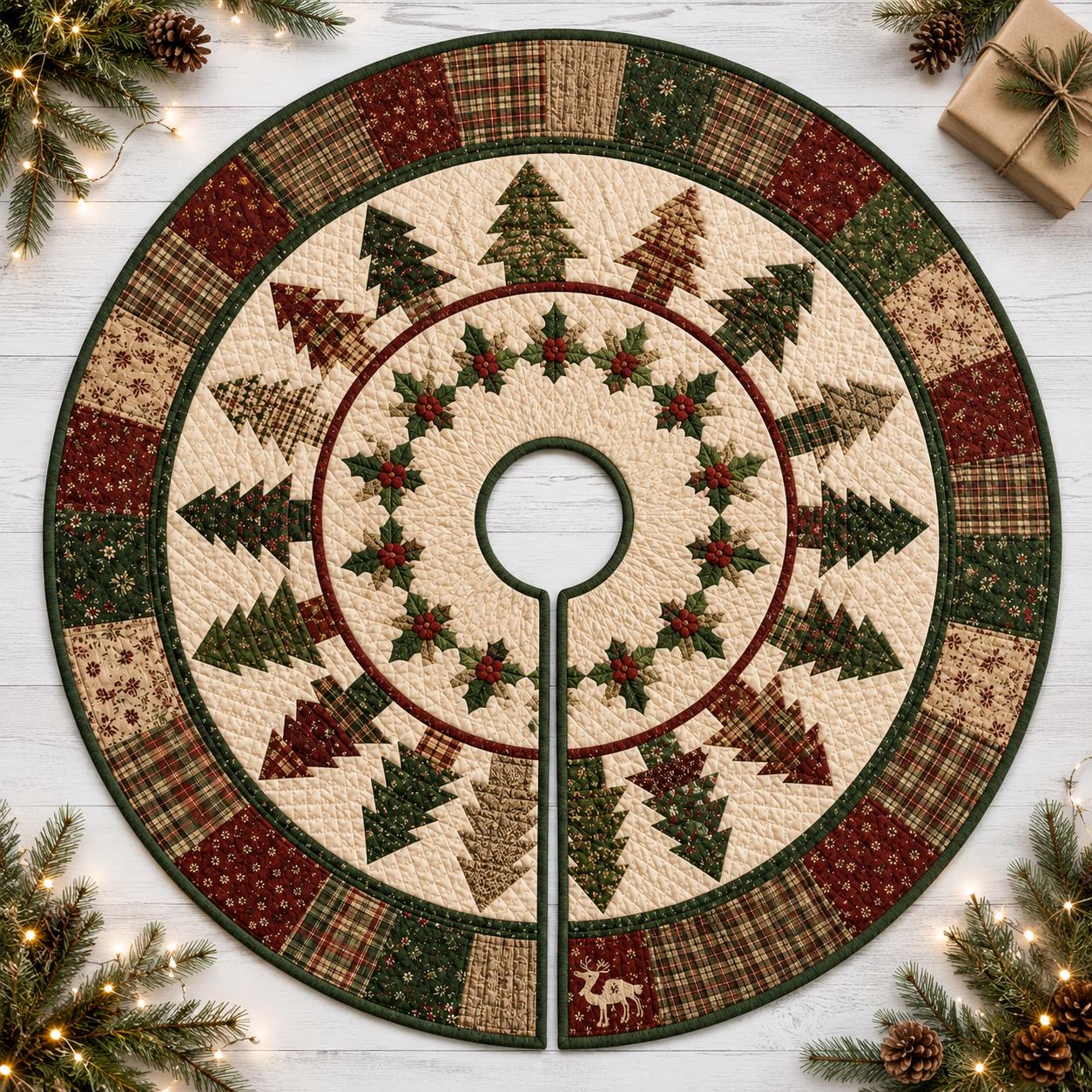 Patchwork Quilt Style Pine Tree Christmas Tree Skirt, Rustic Red and Green Farmhouse Holiday Tree Mat Decor - photo 2