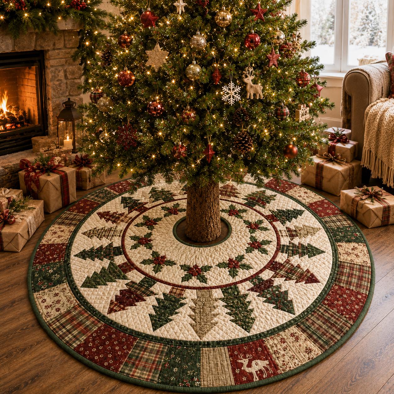Patchwork Quilt Style Pine Tree Christmas Tree Skirt, Rustic Red and Green Farmhouse Holiday Tree Mat Decor - photo 3