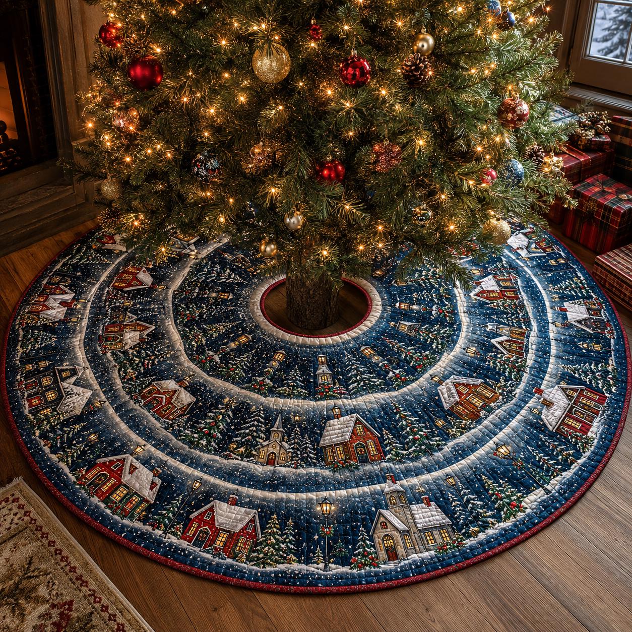 Quilt Style Snowy House Christmas Village Tree Skirt with Winter Snowflake, Farmhouse Holiday Tree Mat Decor