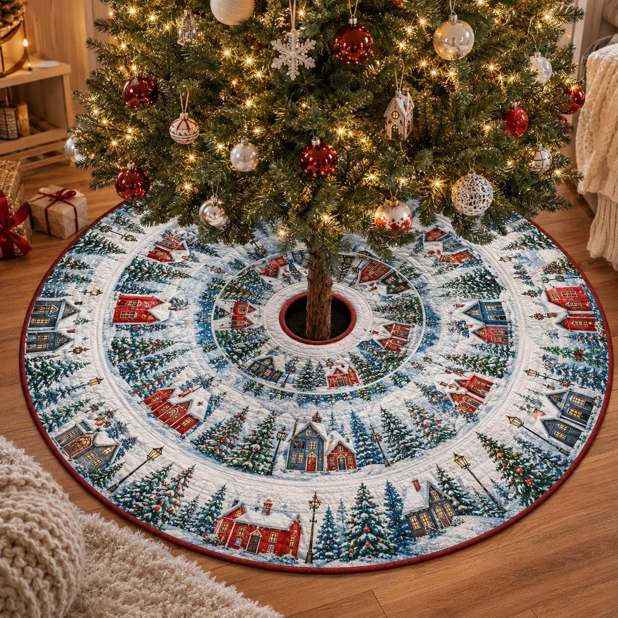Quilt Style Snowy House Christmas Village Tree Skirt with Winter Snowflake, Farmhouse Holiday Tree Mat Decor - photo 2