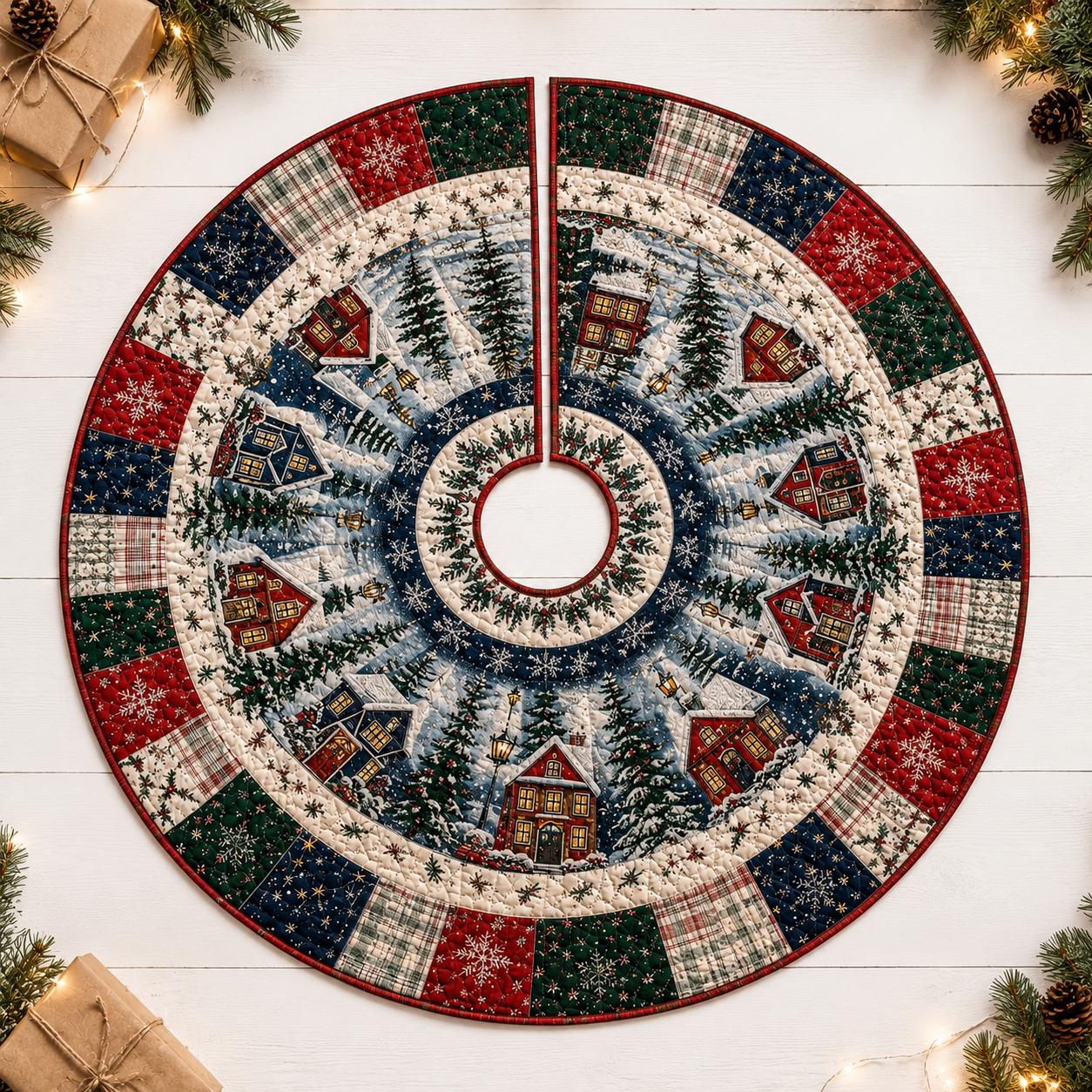 Quilt Style Snowy House Christmas Village Tree Skirt with Winter Snowflake, Farmhouse Holiday Tree Mat Decor - photo 3