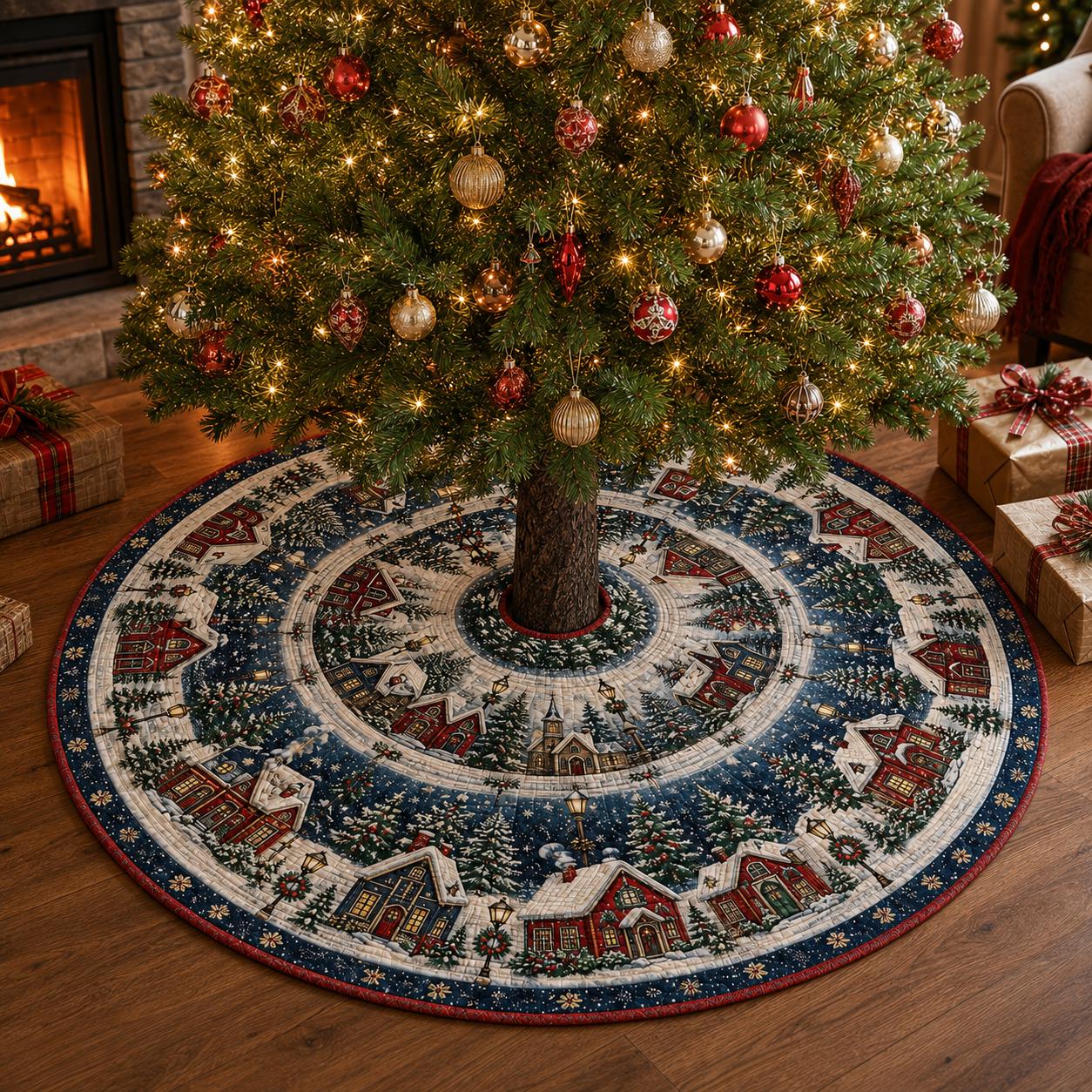 Quilt Style Snowy House Christmas Village Tree Skirt with Winter Snowflake, Farmhouse Holiday Tree Mat Decor - photo 5