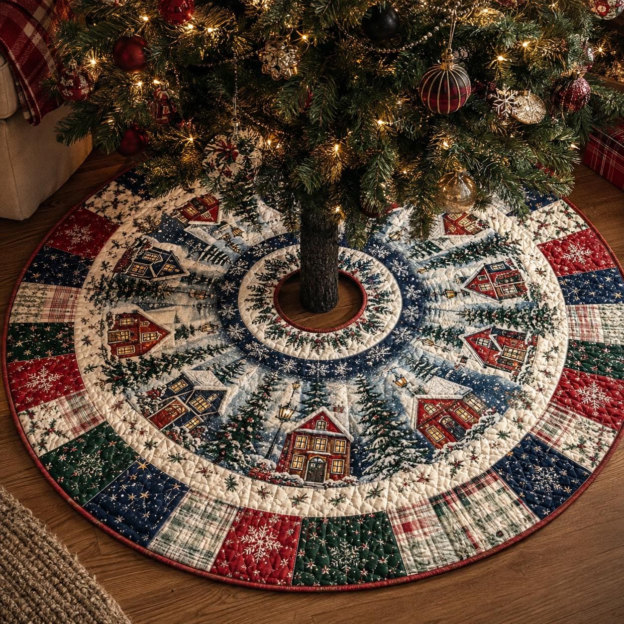 Quilt Style Snowy House Christmas Village Tree Skirt with Winter Snowflake, Farmhouse Holiday Tree Mat Decor - photo 6