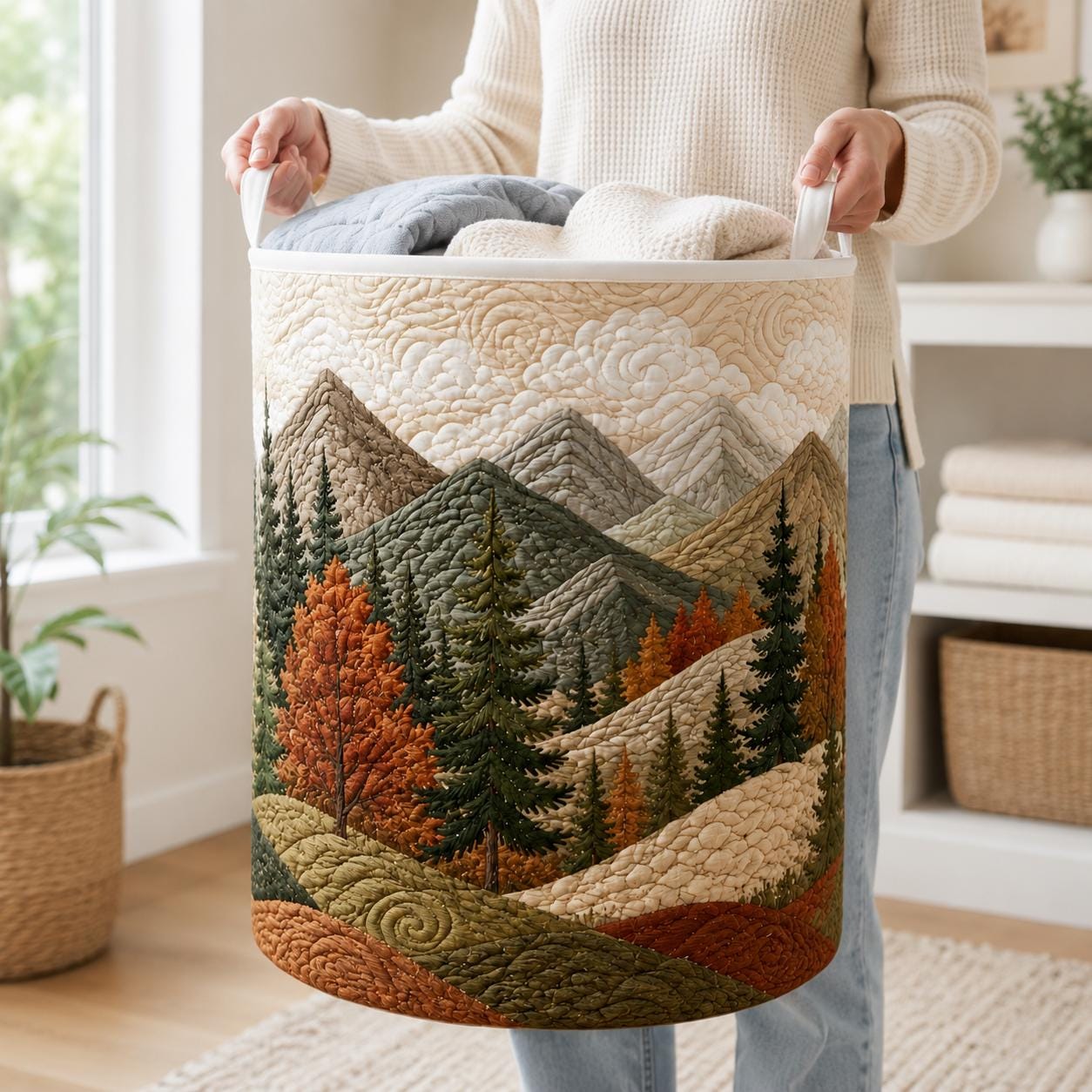 Mountain View Laundry Basket with Quilted Style for Pine Tree Forest Storage Bin and Nature Lover Gift