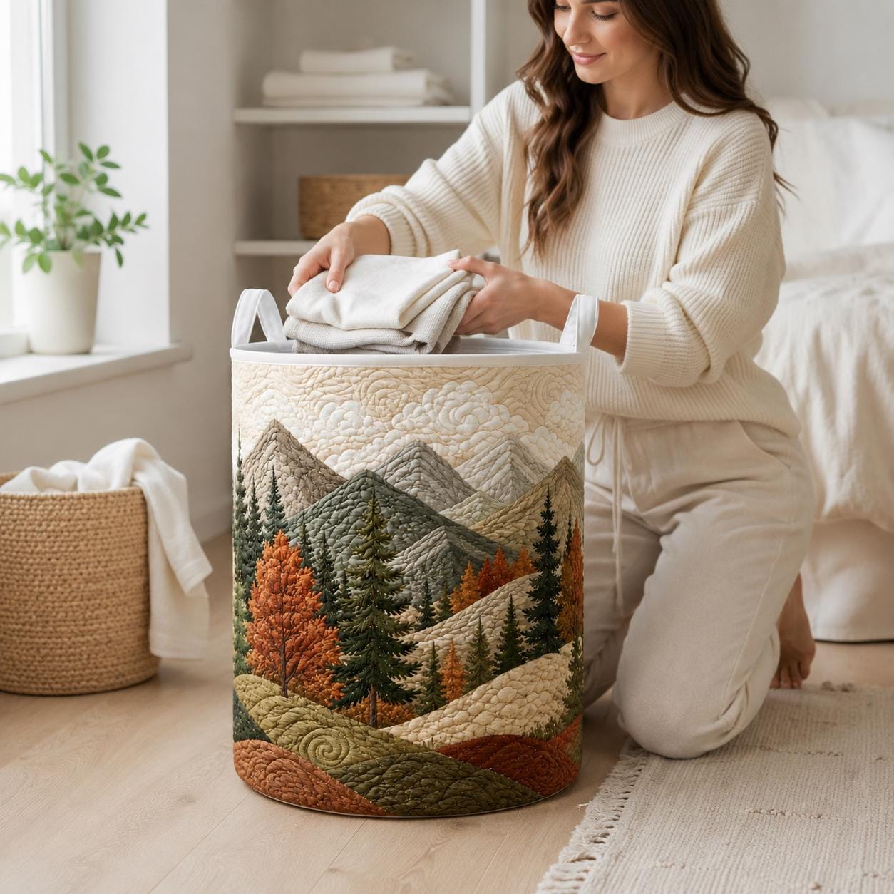 Mountain View Laundry Basket with Quilted Style for Pine Tree Forest Storage Bin and Nature Lover Gift - photo 3