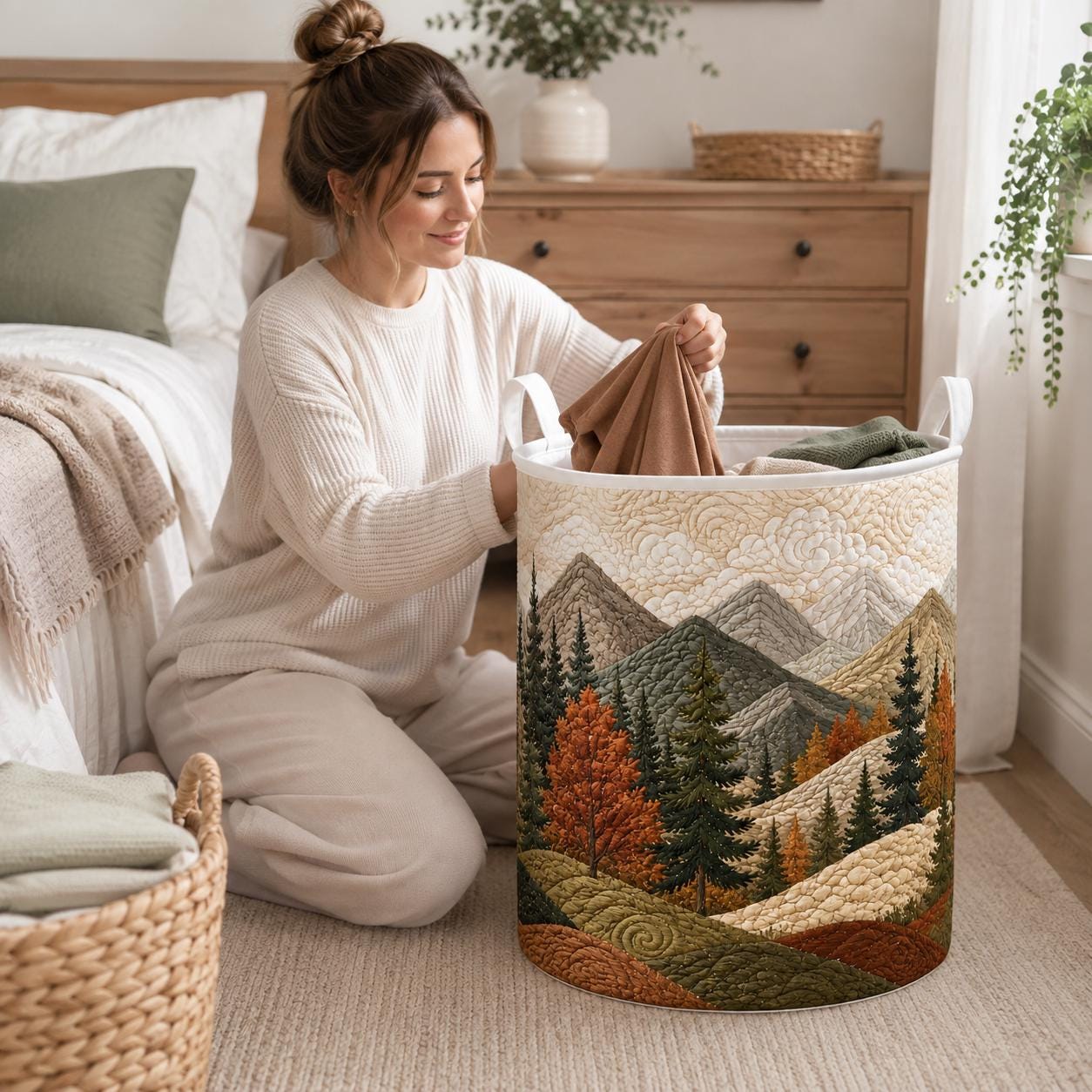 Mountain View Laundry Basket with Quilted Style for Pine Tree Forest Storage Bin and Nature Lover Gift - photo 4