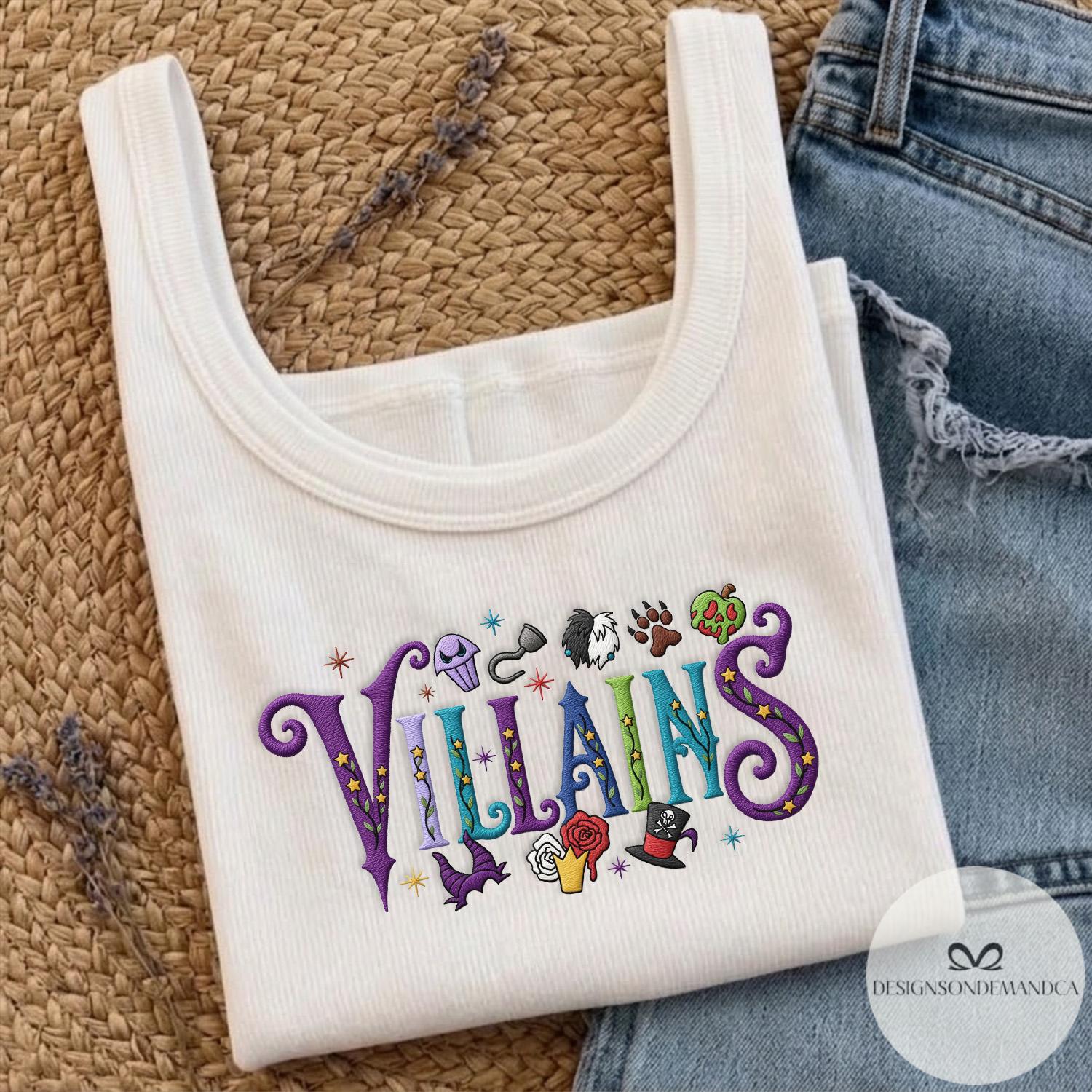 Embroidered Disney Villains Halloween Shirt Lace Trim Tank and Baby Tee with Bad Witches Cruella Maleficent Evil Queen Coquette Bow