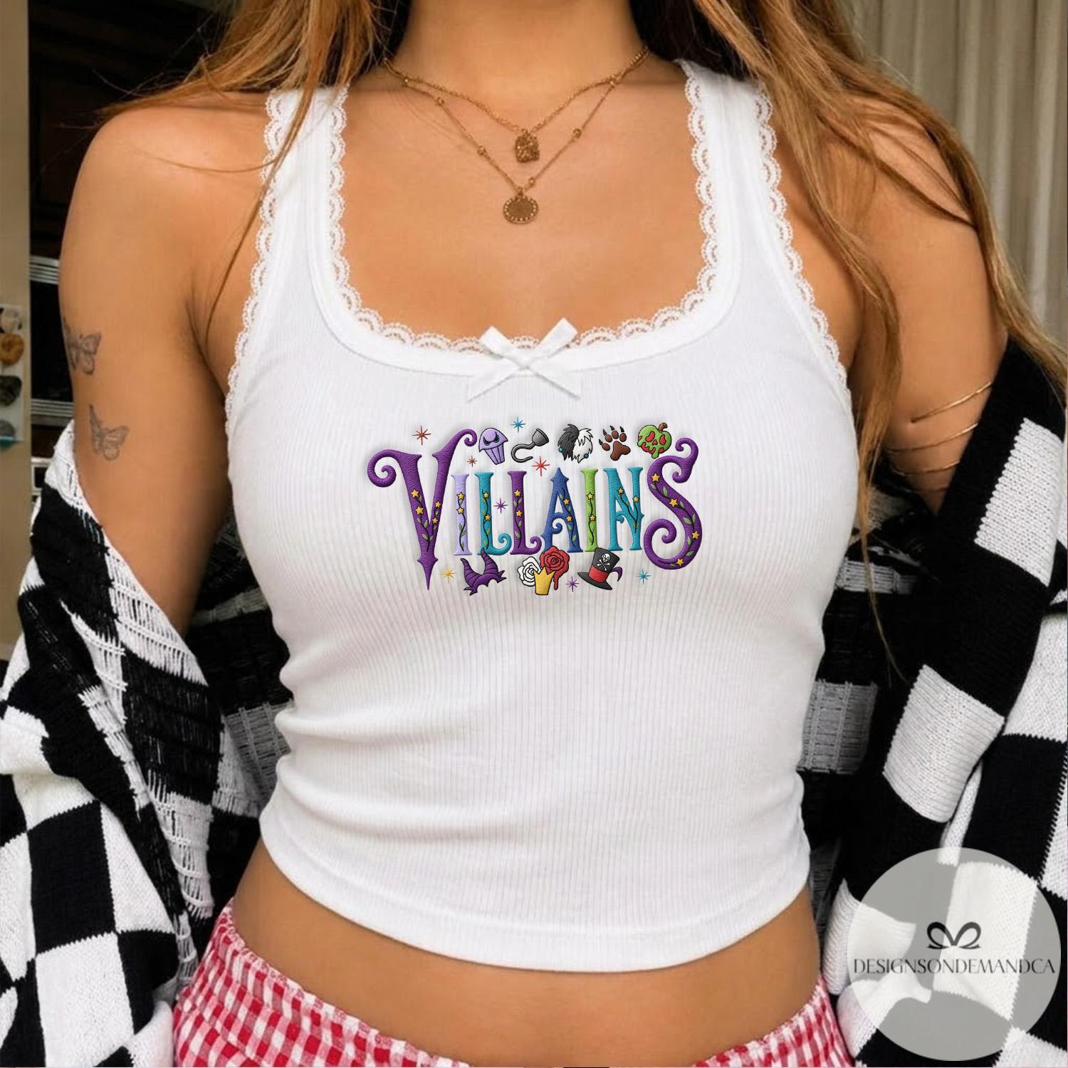 Embroidered Disney Villains Halloween Shirt Lace Trim Tank and Baby Tee with Bad Witches Cruella Maleficent Evil Queen Coquette Bow - photo 2