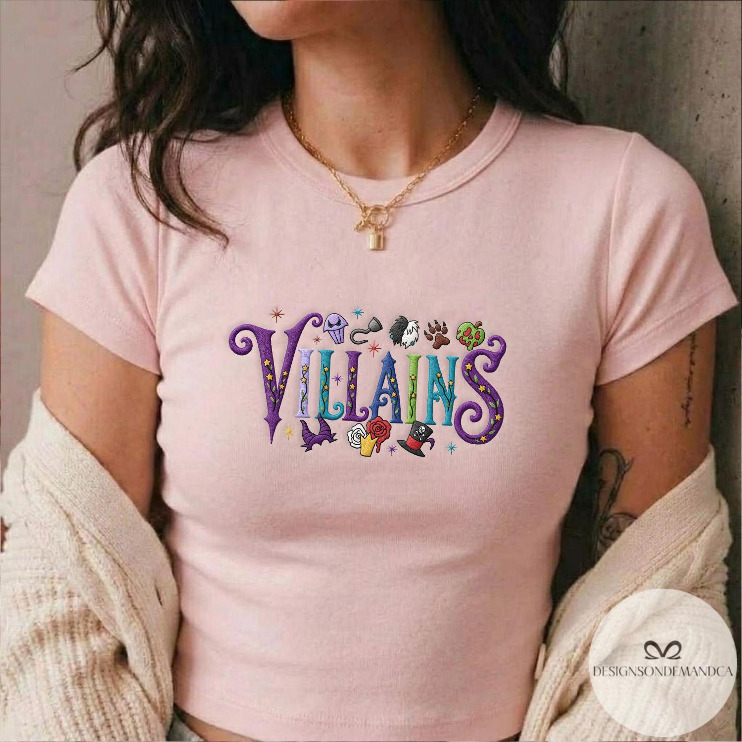 Embroidered Disney Villains Halloween Shirt Lace Trim Tank and Baby Tee with Bad Witches Cruella Maleficent Evil Queen Coquette Bow - photo 3