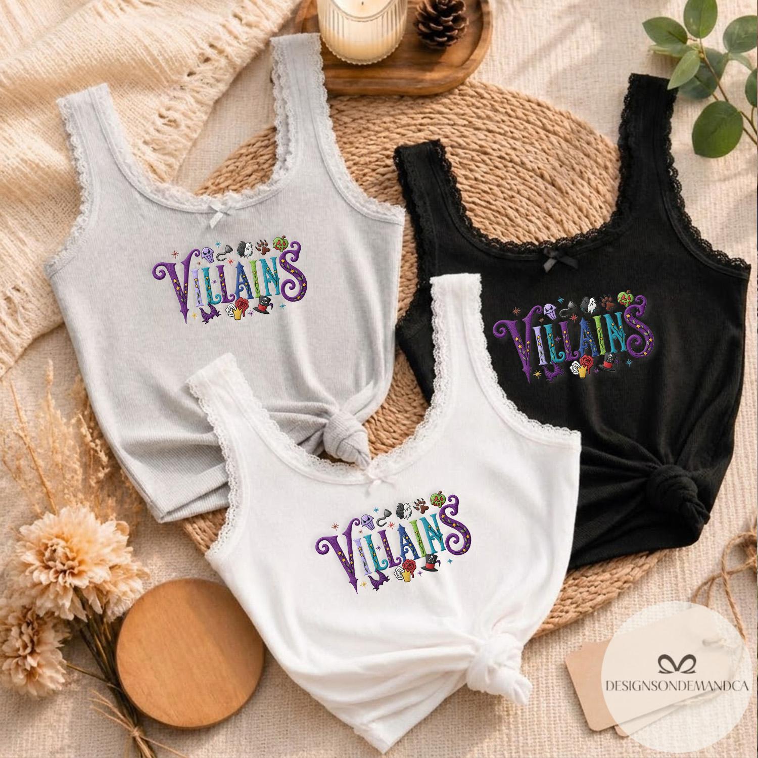 Embroidered Disney Villains Halloween Shirt Lace Trim Tank and Baby Tee with Bad Witches Cruella Maleficent Evil Queen Coquette Bow - photo 6