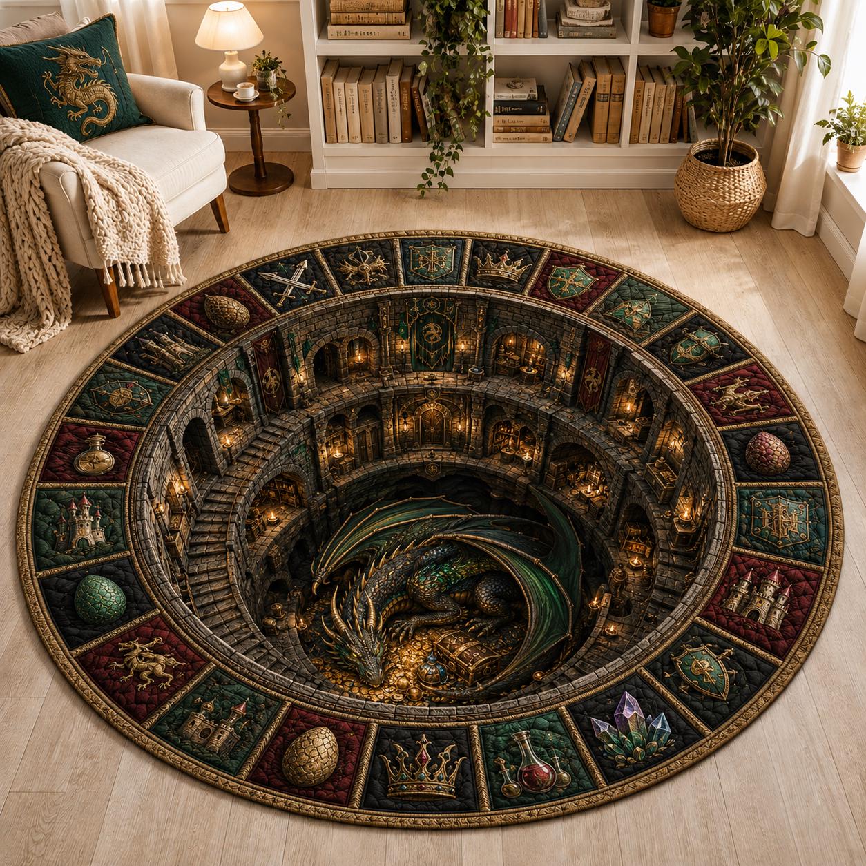 3D Illusion Fantasy Dragon Round Rug with Medieval Castle, Gothic RPG Dungeon Lair Floor Mat and Home Decor
