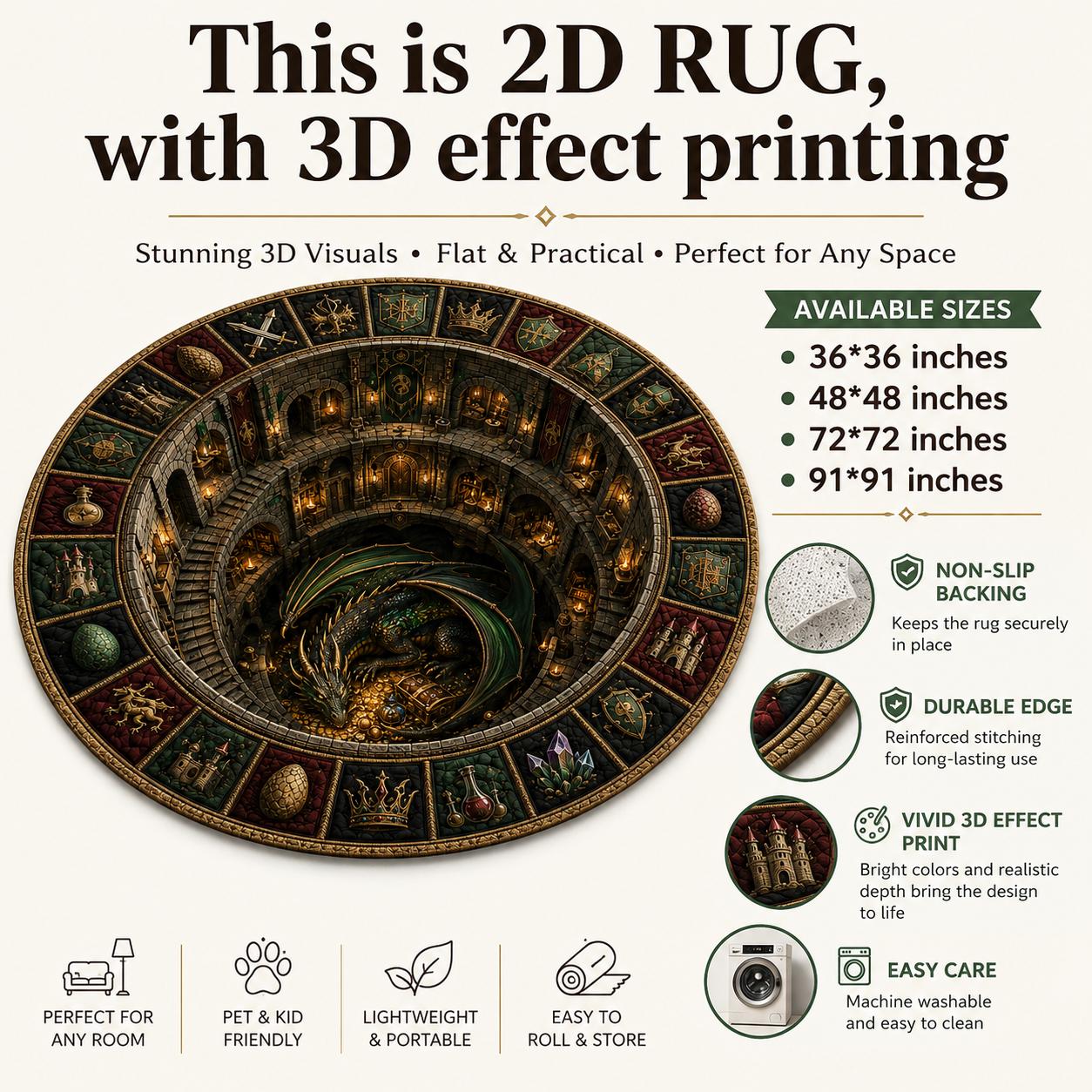 3D Illusion Fantasy Dragon Round Rug with Medieval Castle, Gothic RPG Dungeon Lair Floor Mat and Home Decor - photo 2
