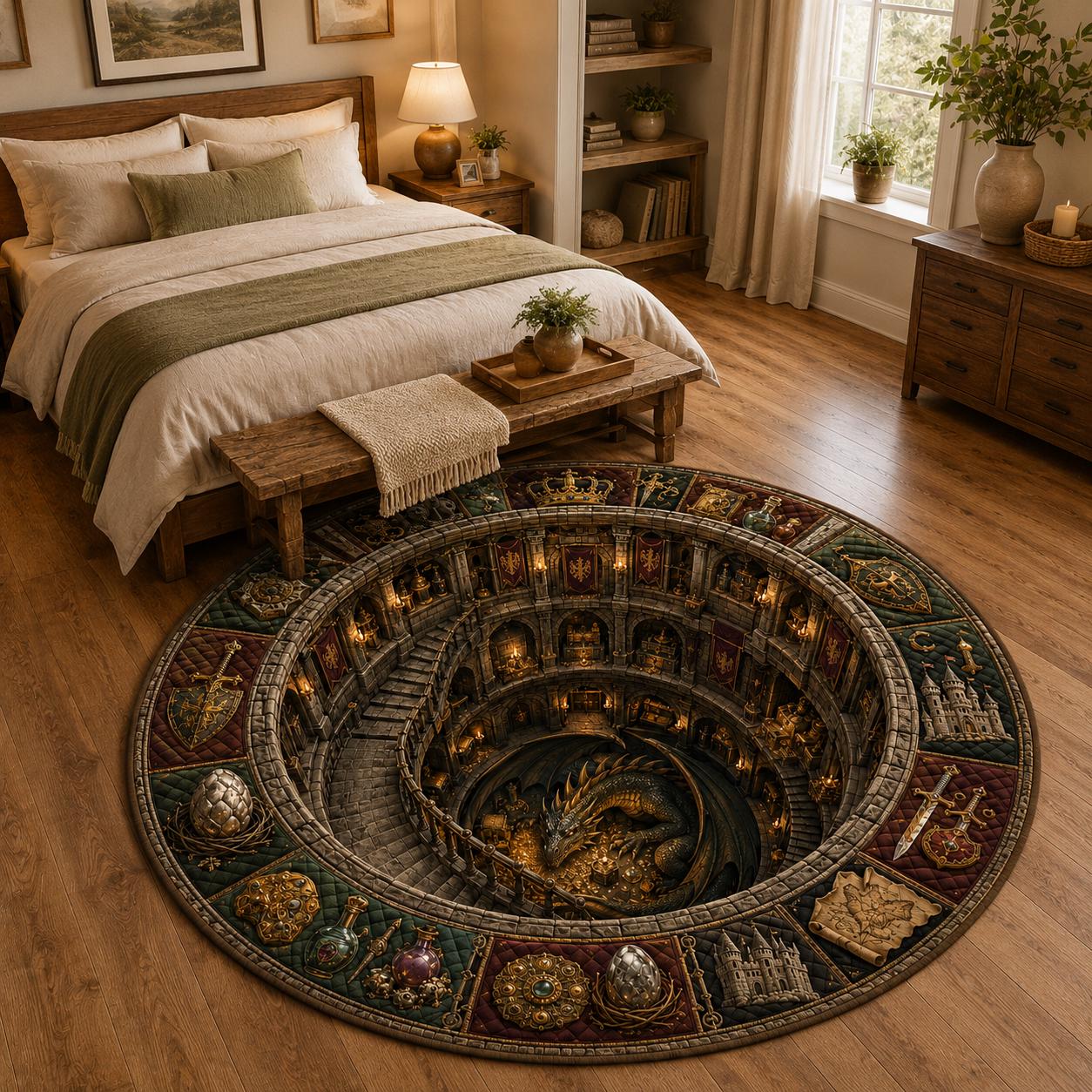 3D Illusion Fantasy Dragon Round Rug with Medieval Castle, Gothic RPG Dungeon Lair Floor Mat and Home Decor - photo 4