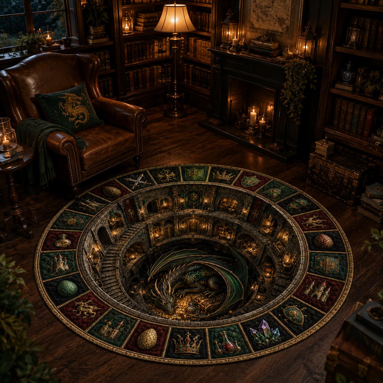 3D Illusion Fantasy Dragon Round Rug with Medieval Castle, Gothic RPG Dungeon Lair Floor Mat and Home Decor - photo 5