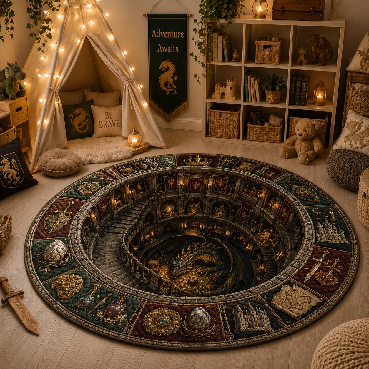 3D Illusion Fantasy Dragon Round Rug with Medieval Castle, Gothic RPG Dungeon Lair Floor Mat and Home Decor - photo 6
